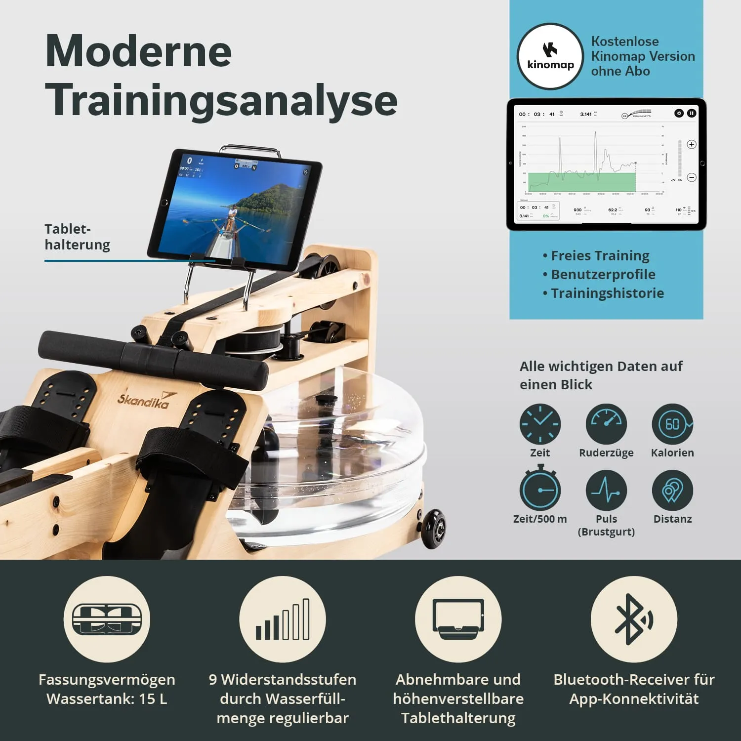 Wassertretgerät mit Tablet-Halterung, Anzeige von Trainingsdaten. Grafische Informationen und Funktionen sind dargestellt.