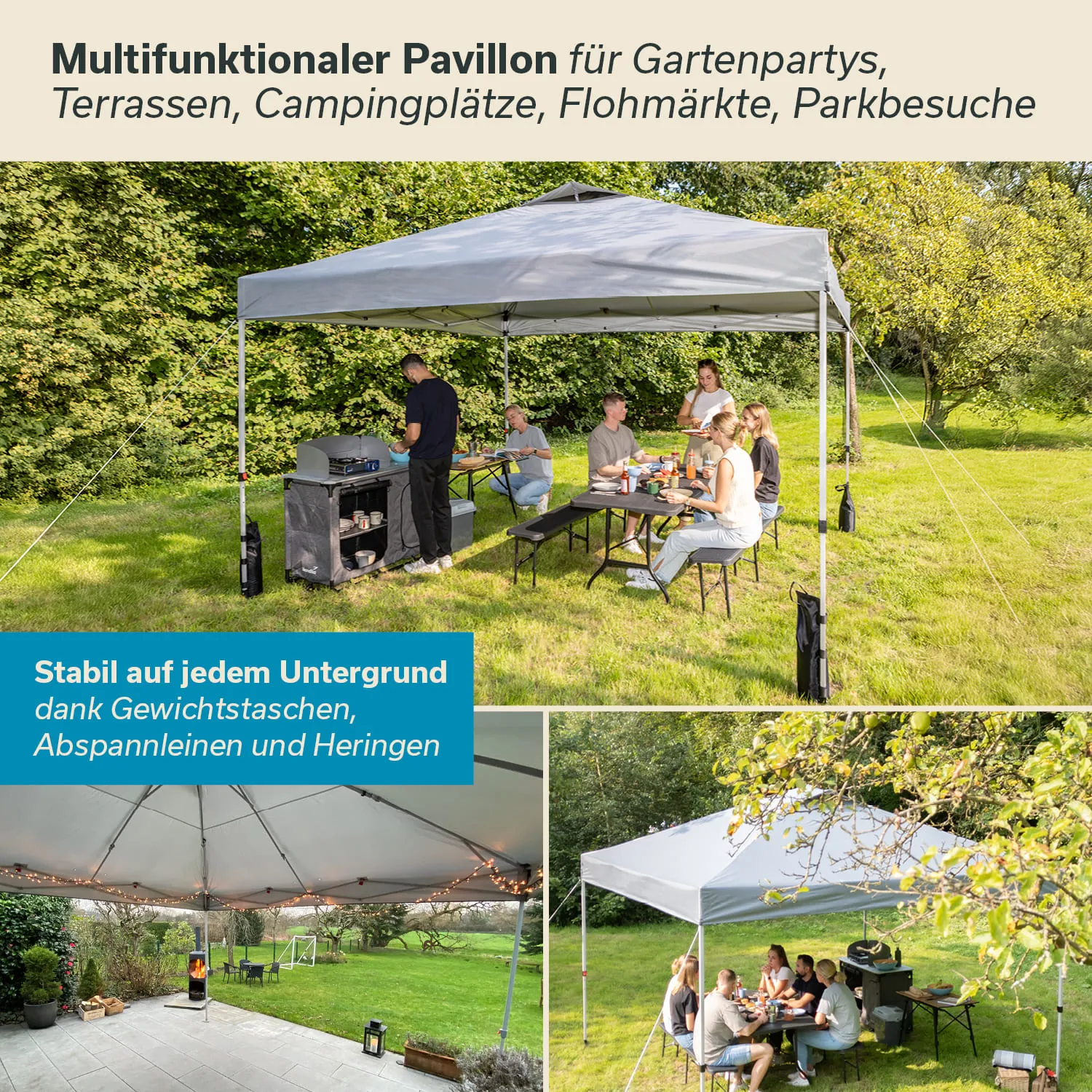 Multifunktionaler Pavillon mit Tisch und Stühlen, umgeben von Rasen und Bäumen. Griller auf der linken Seite.