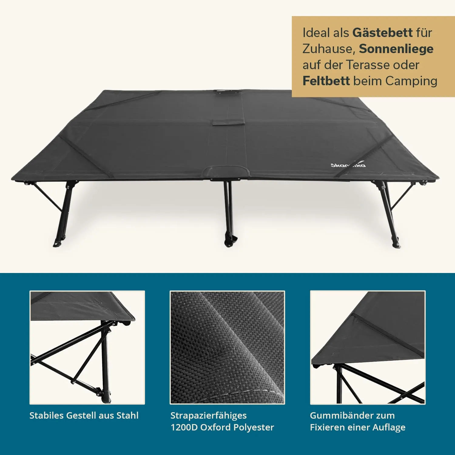 Faltbares Bett mit stabilem Gestell aus Stahl, schwarzer Polyester-Oberfläche, beschrieben durch Detailansichten und Text.