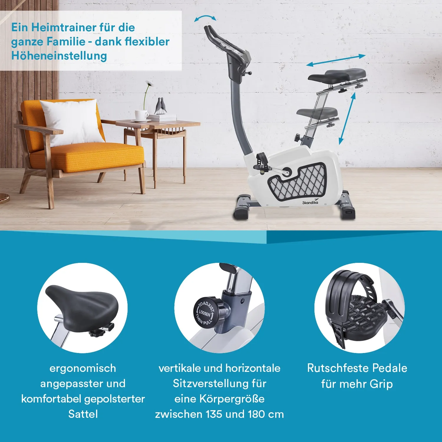 Heimtrainer in einem Raum mit Holzfußboden, gelber Sitzgelegenheit und Tisch. Bild mit Details zu Sattel und Sitzverstellung.
