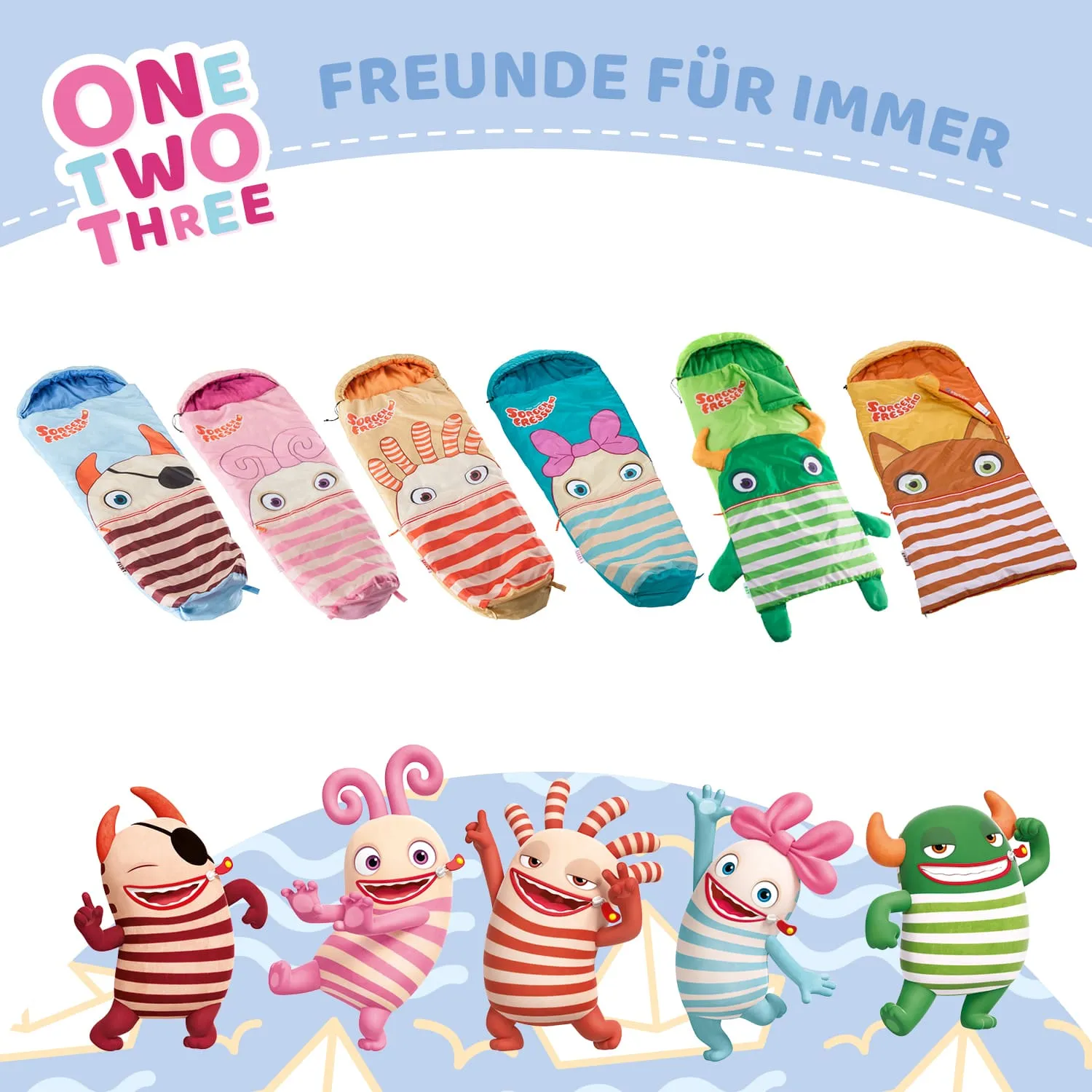Bunte Schlafsäcke mit Tiermotiven in verschiedenen Farben angeordnet. Unten fröhliche, cartoonartige Charaktere in gestreiften Outfits.