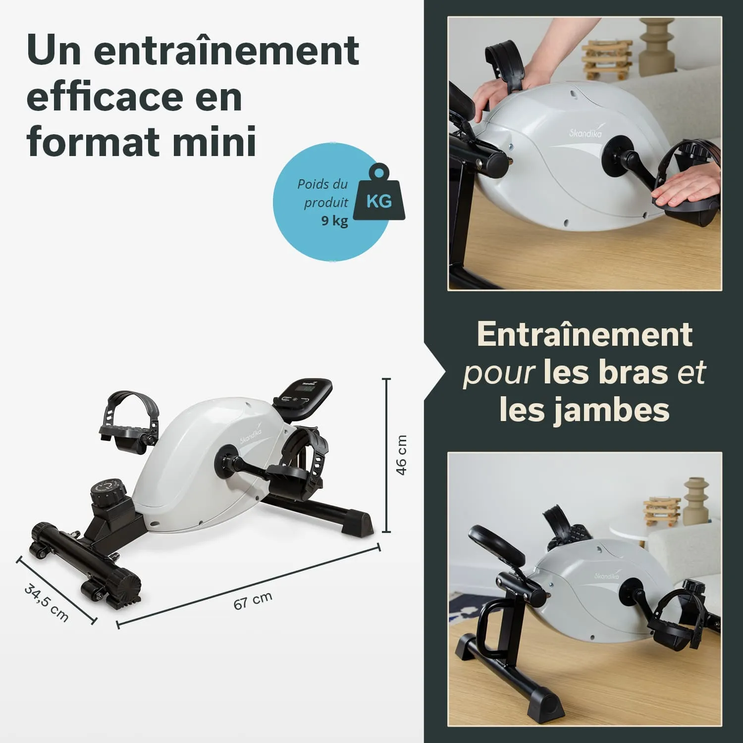 Mini-Heimtrainingsgerät in Weiß mit Bedienelementen, Maße: 67 cm x 34,5 cm x 46 cm. Im Hintergrund eine helle Wohnumgebung.