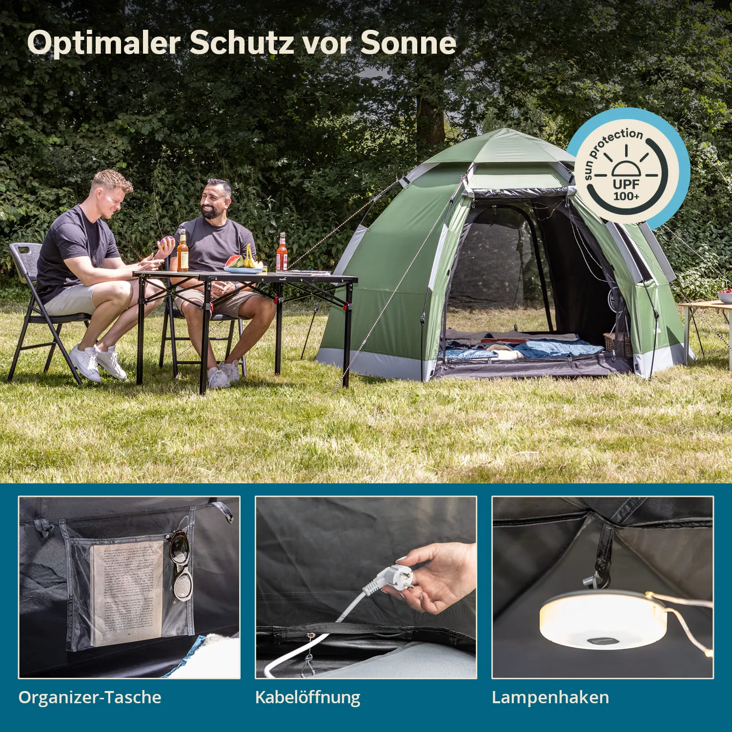 Zelt im Freien mit zwei Personen am Tisch. Beide halten Getränke und Obst. Zubehör wie Organizer-Tasche, Kabelöffnung und Lampenhaken sind ersichtlich.
