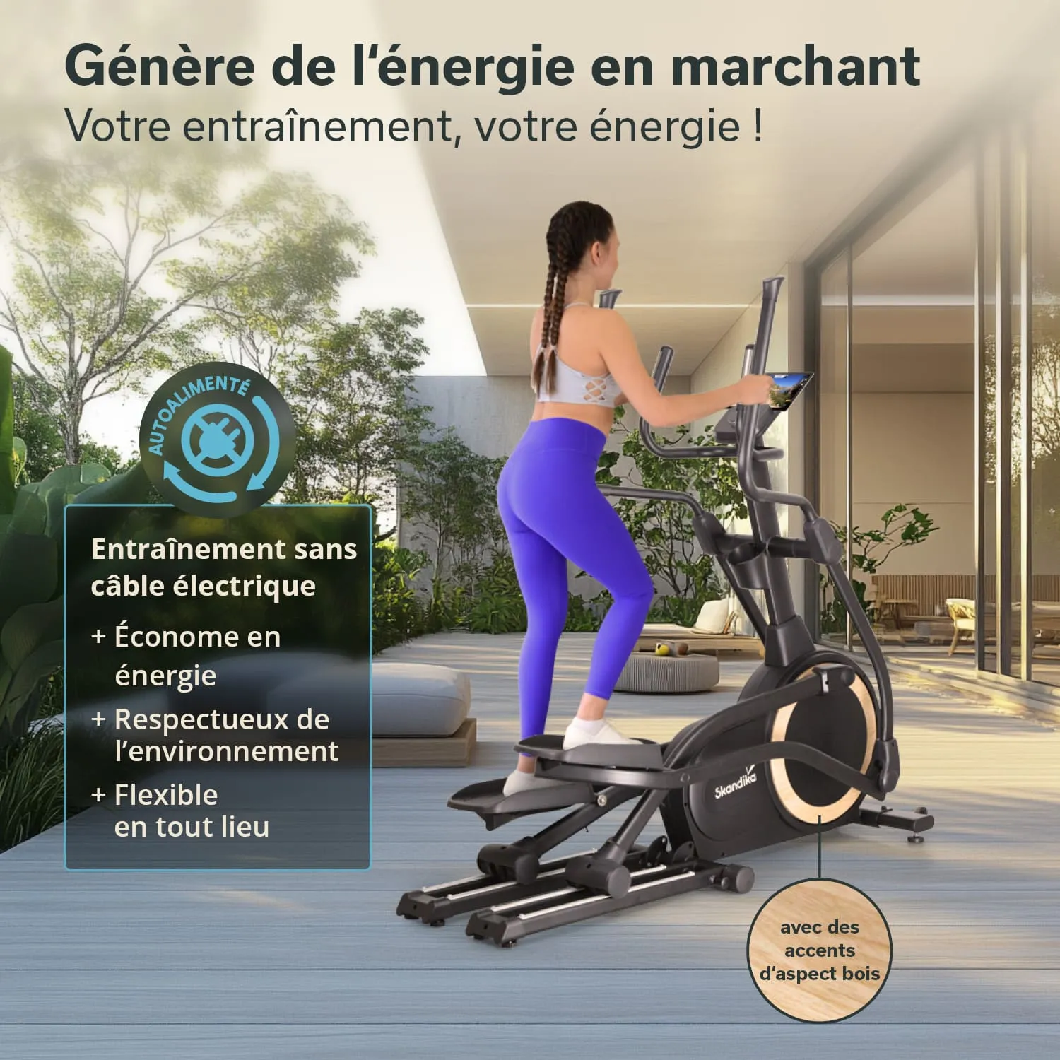 Fitnessgerät in modernem Raum mit Pflanzen und Fenstern. Person trainiert auf einem Crosstrainer.