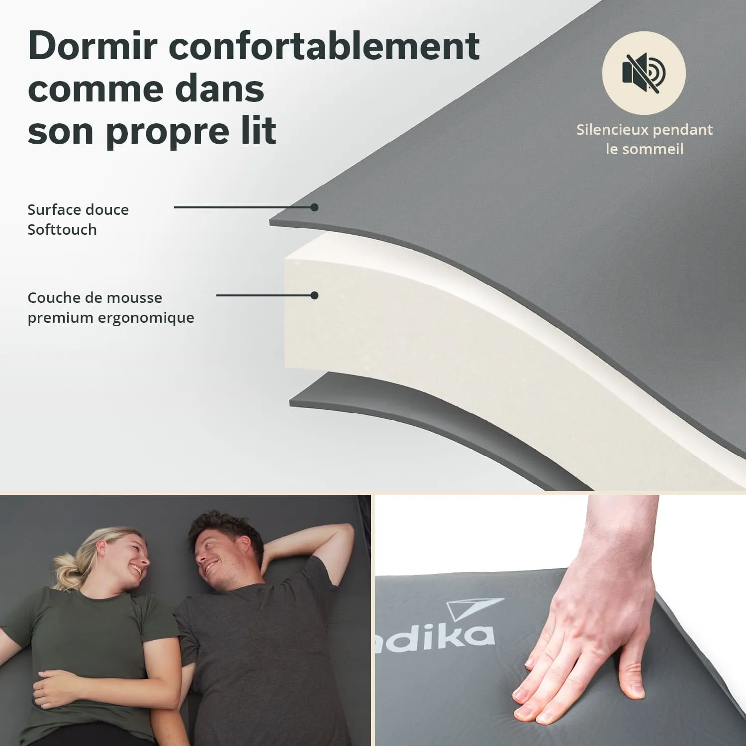 Matte mit grauem Bezug und einer Schicht aus ergonomischem Schaumstoff. Unten eine Abbildung von zwei Personen, die entspannt auf der Matte liegen.