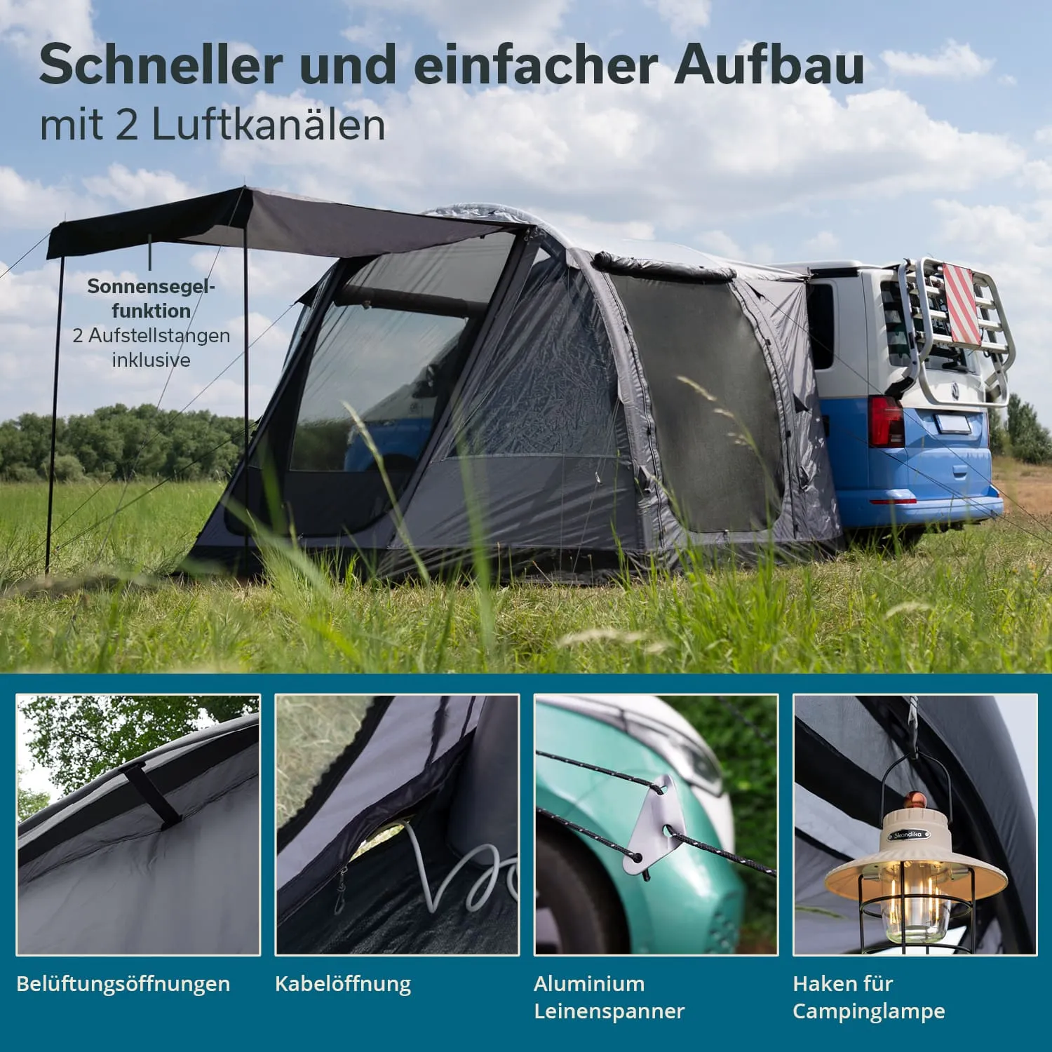 Zelt mit Sonnensegel, aufgebaut neben einem Fahrzeug auf einer Wiese. Details zu Belüftungsöffnungen, Kabelöffnung, Aluminiumleinenspanner und Haken für Campinglampe.