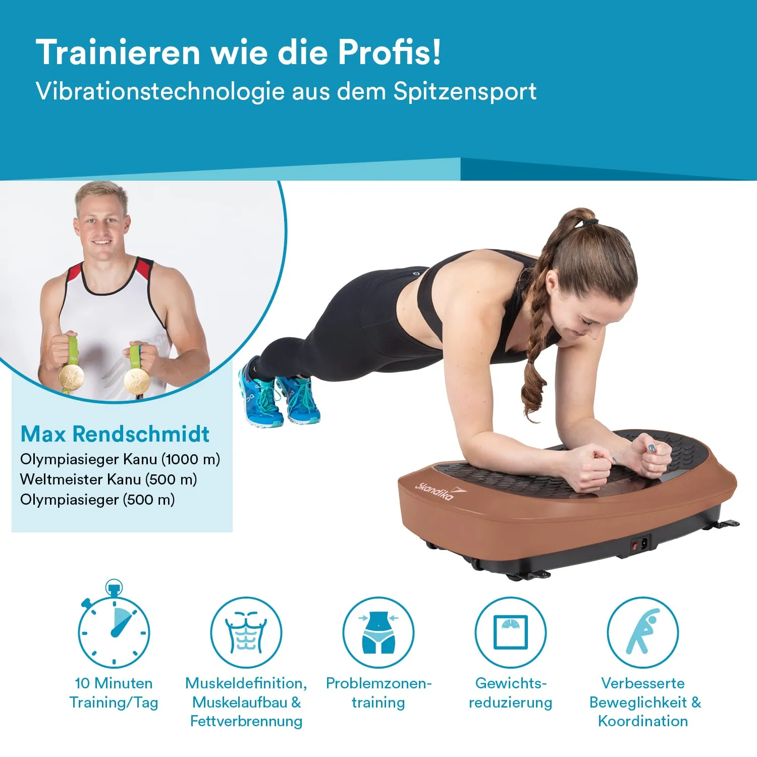 Bild mit einer Frauenfigur in Plank-Position auf einer Vibrationsplatte. Im Hintergrund steht ein Mann mit Hanteln.