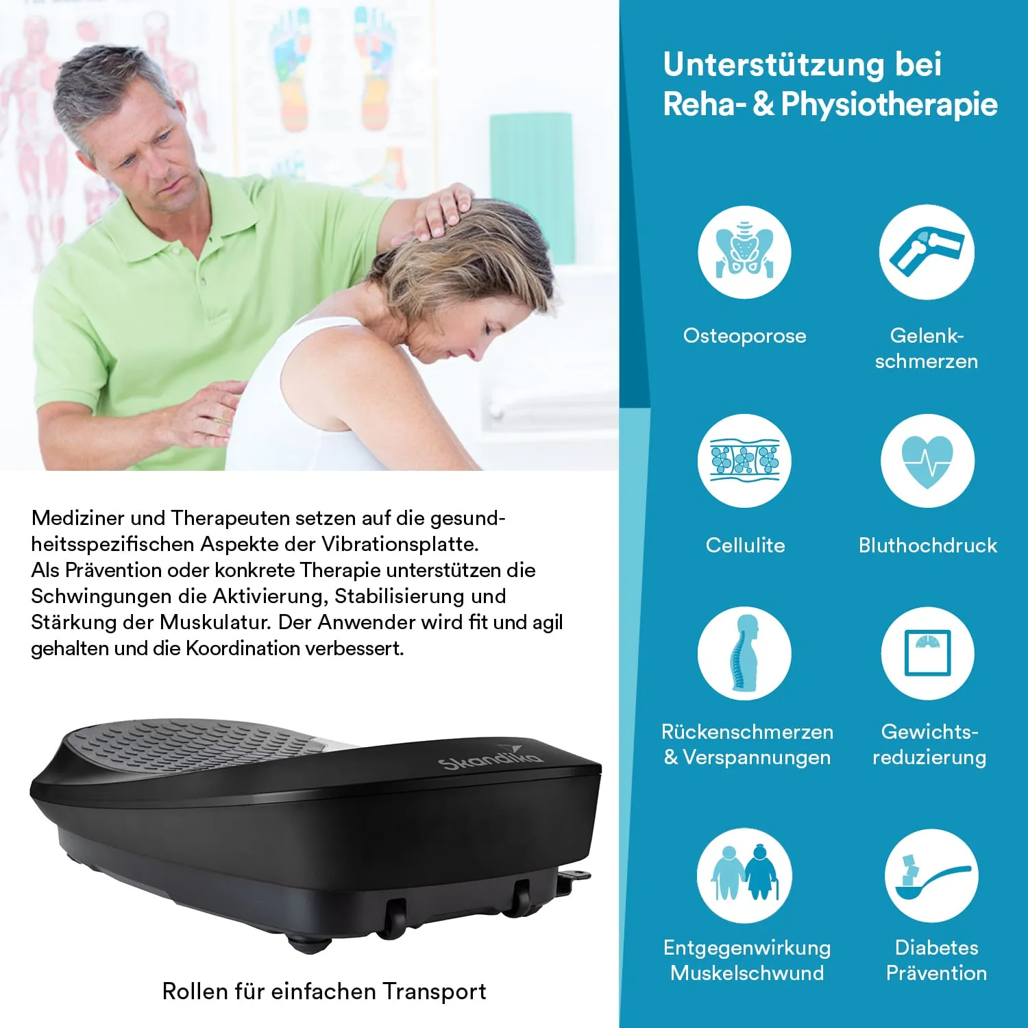 Vibrationsplatte im Vordergrund, Person mit Rückenmassage von einem Therapeuten. Text beschreibt deren Anwendungen in Therapie und Gesundheit.