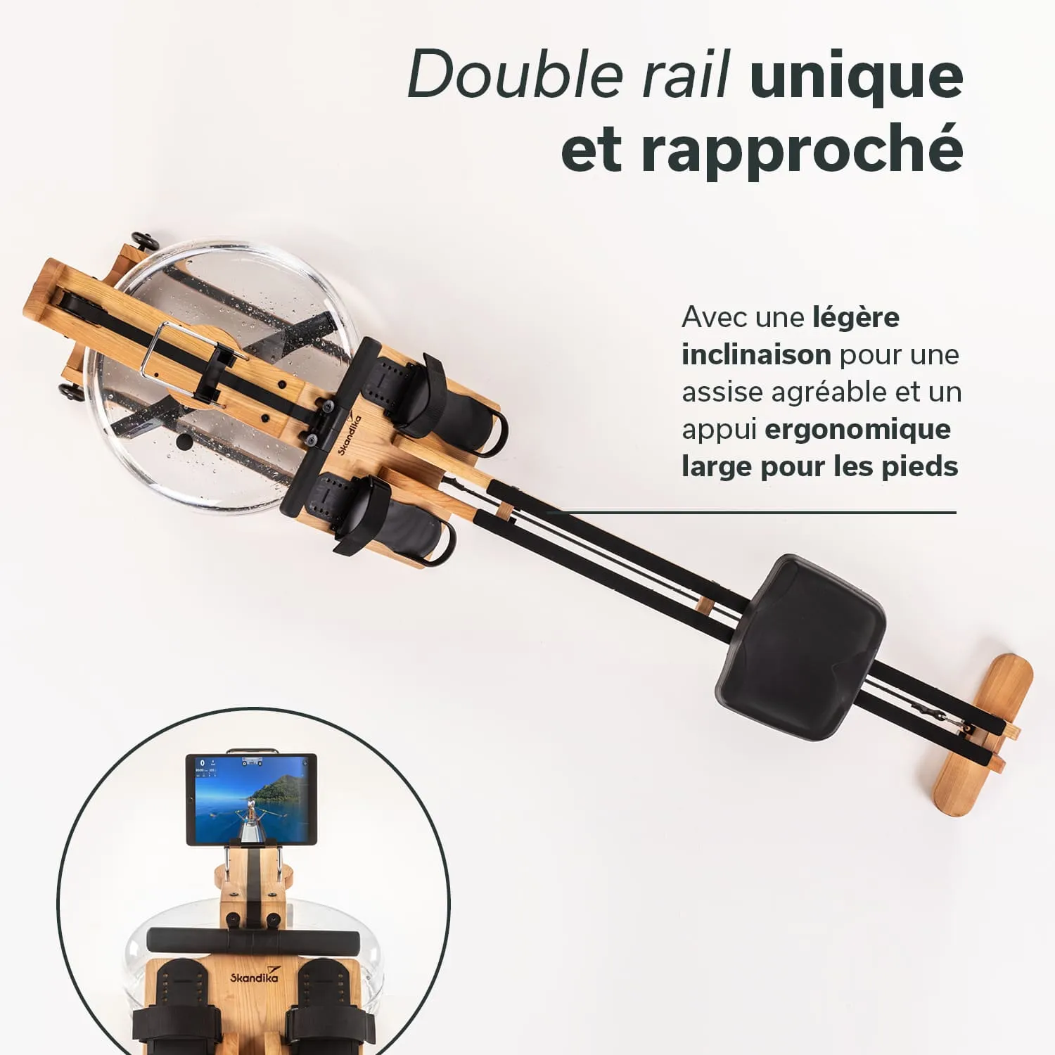Rudergerät mit transparentem Wassertank, ergonomischer Sitzfläche und Fußstützen. Smartphone-Halterung vorhanden.