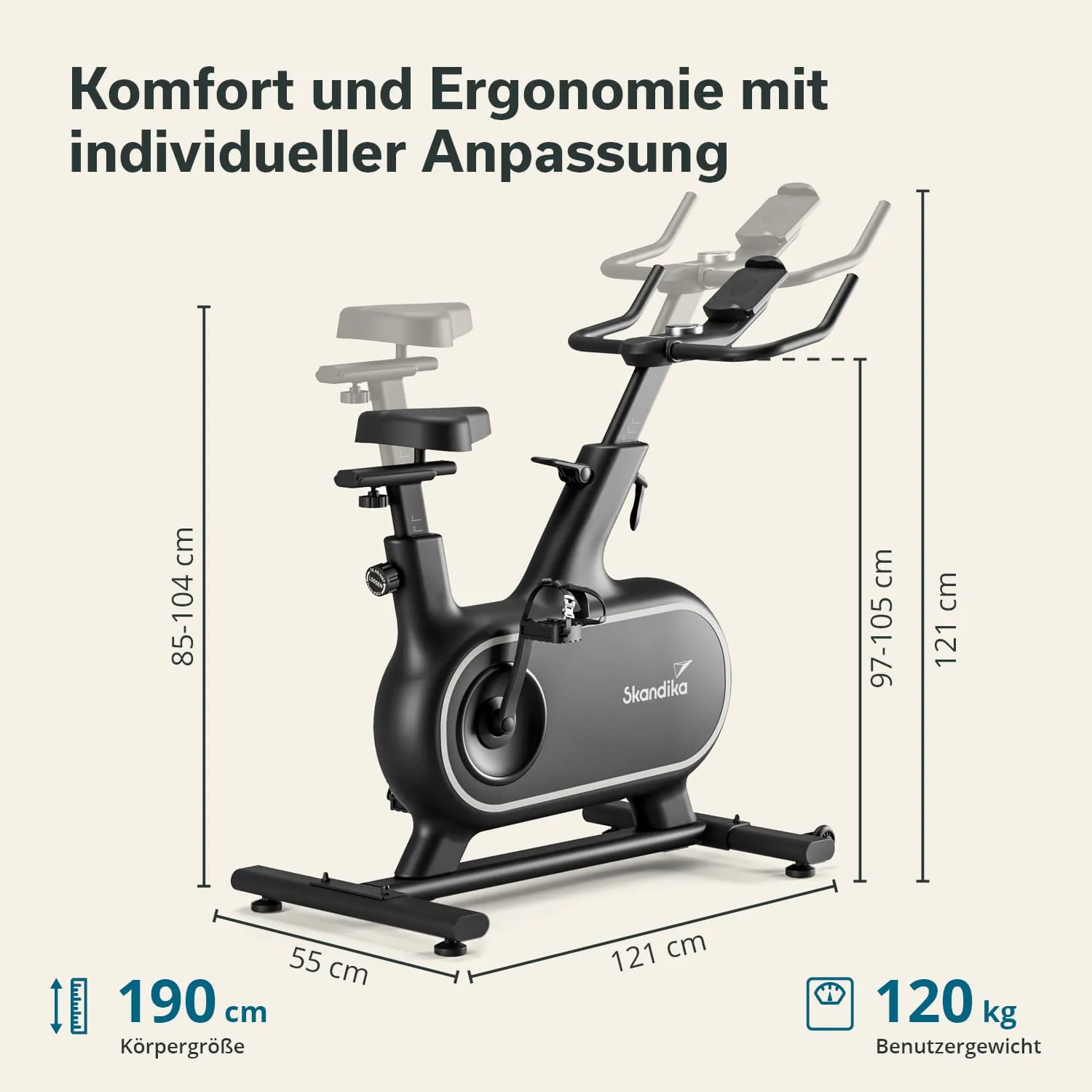 Ergonomisches Fahrrad mit verstellbaren Sitzen, Abmessungen und Benutzergewicht von 120 kg, Marke Skandika.