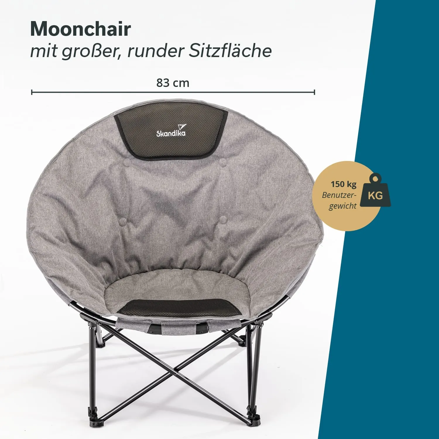Runder, grauer Moonchair mit großer Sitzfläche, herausnehmbaren Kopfteil und schwarzem Gestell. Maße: 83 cm. Max. Belastbarkeit 150 kg.
