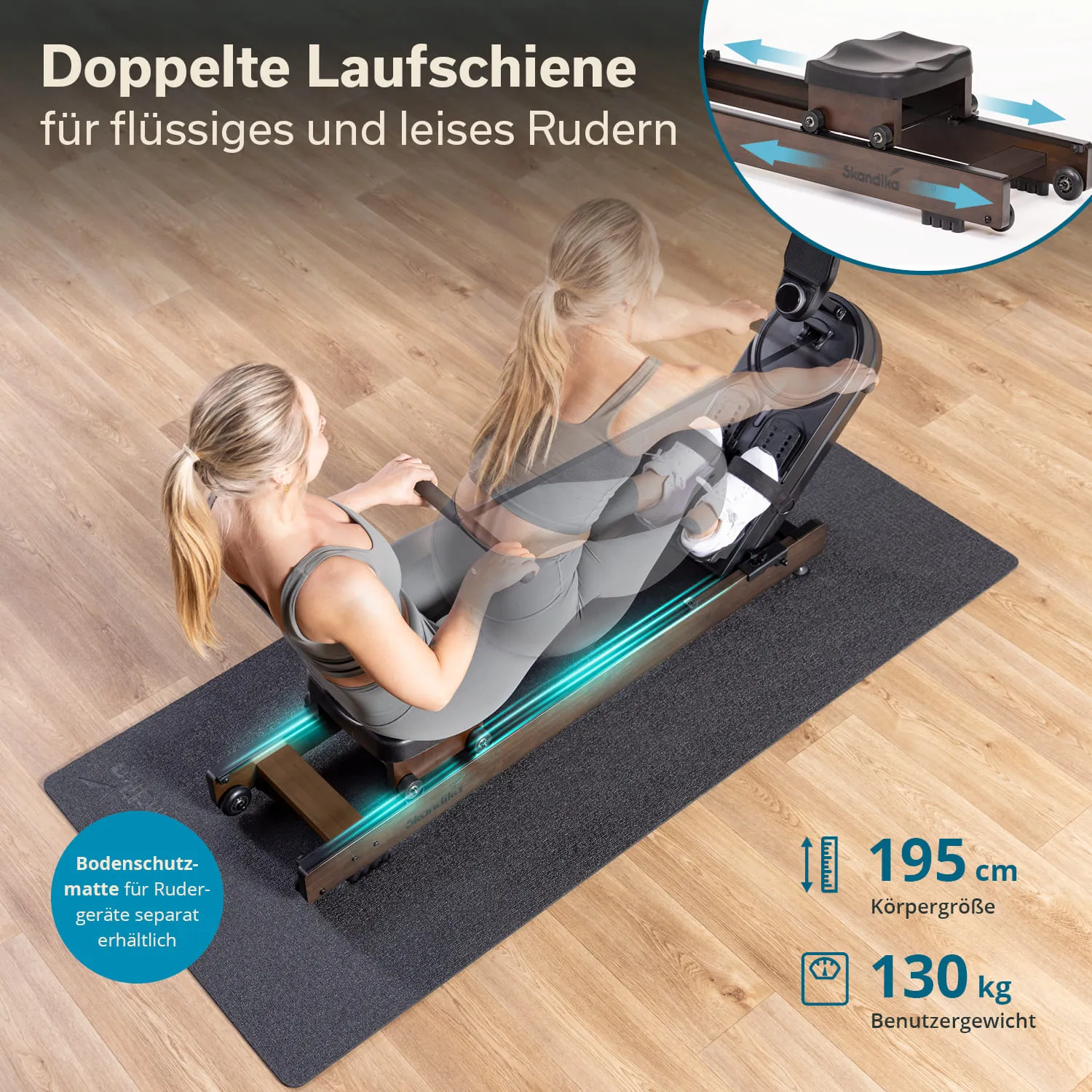 Rudergerät mit doppelter Laufschiene auf einer Bodenschutzmatte. Abgebildet ist eine Person im Sitzen, die rudert. Hinweise zu Körpergröße und maximalem Benutzergewicht sind vorhanden. Heller Holzboden im Hintergrund.