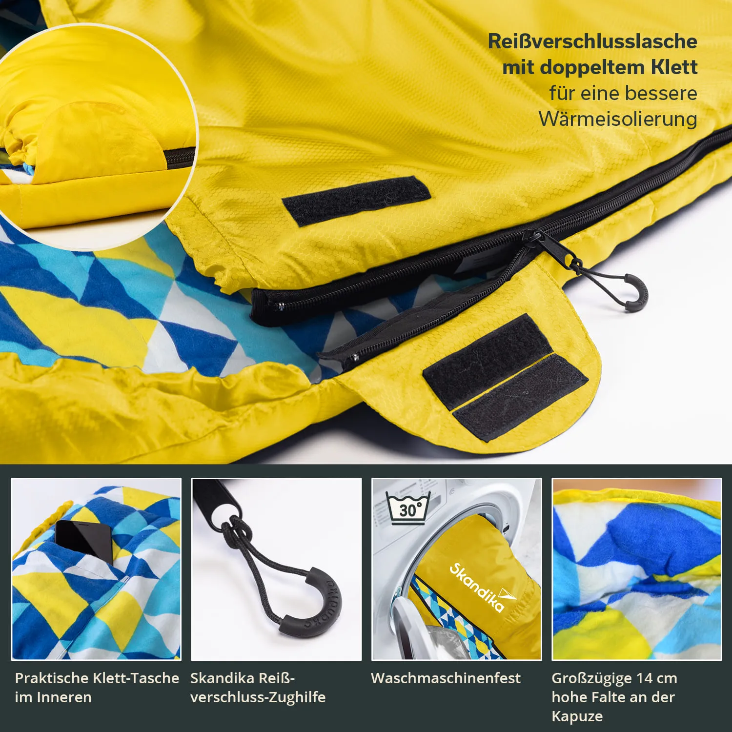 Gelber Schlafsack mit doppelter Klettverschlusslasche, strukturiertem Innenfutter und praktischen Taschen.