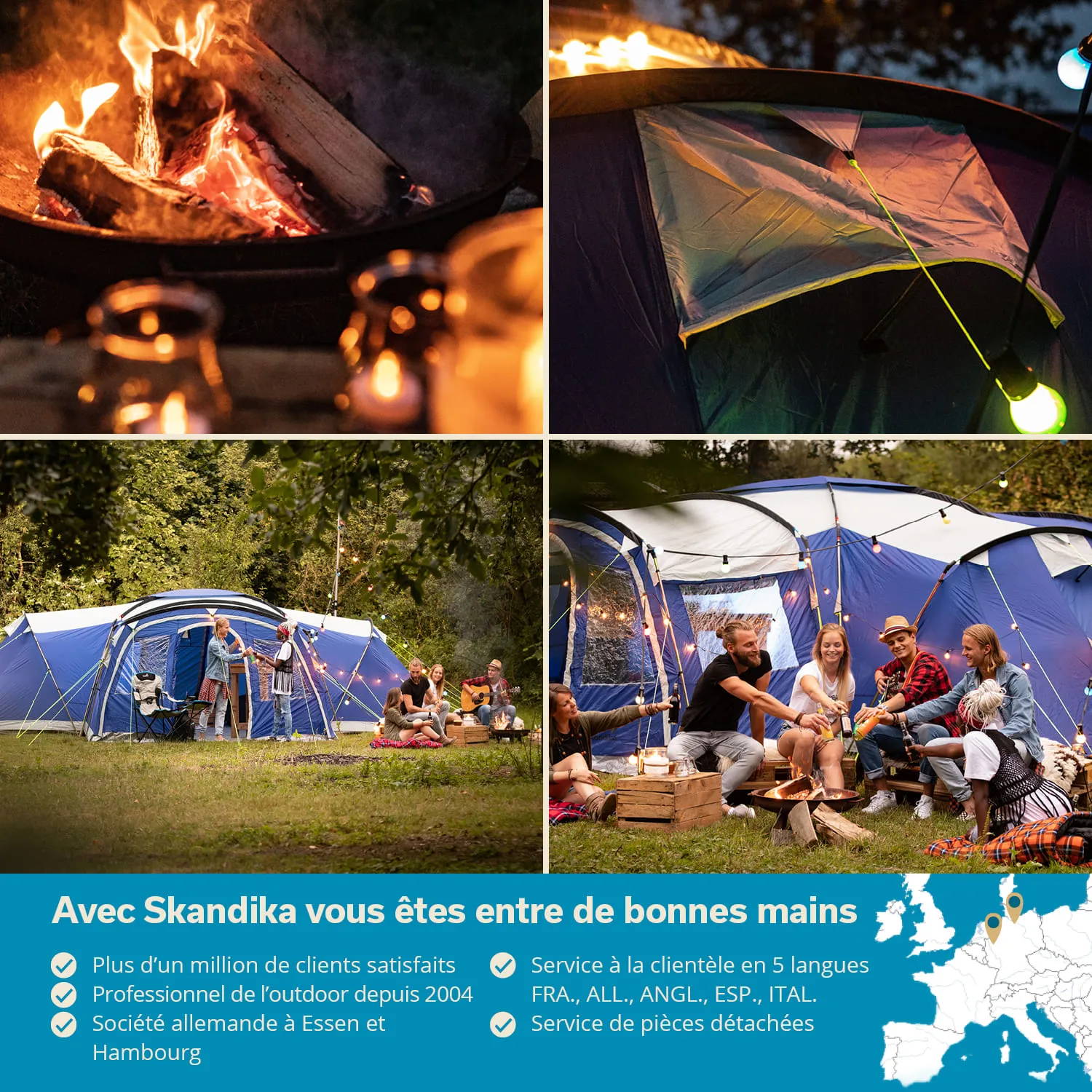 Lagerfeuer mit brennenden Holzscheiten, umgeben von mehreren Zelten im Freien. Gruppe von Personen sitzt zusammen, etwas spielend.
