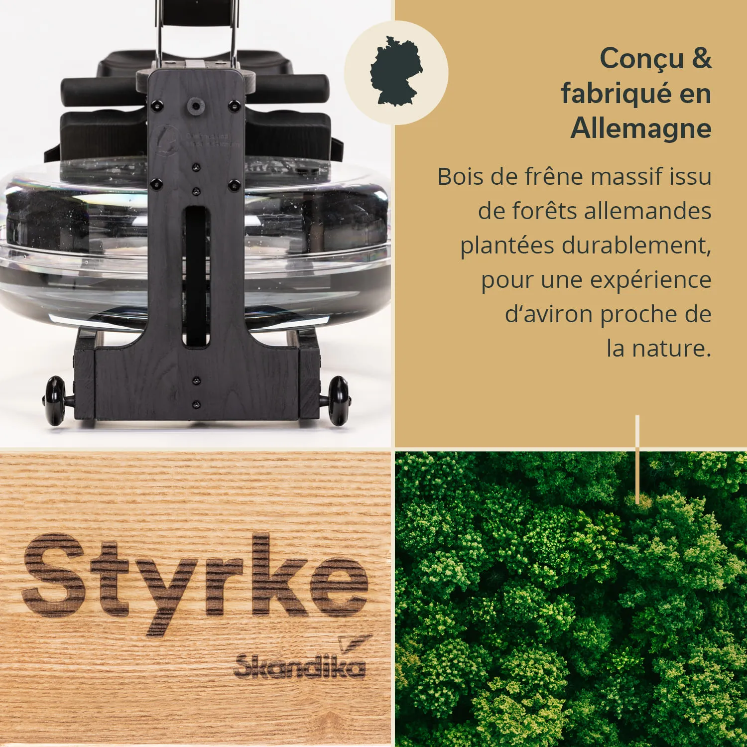 Rudermaschine aus Holz mit Wasserbehälter, Logo "Styrke" auf Holzoberfläche, Text über nachhaltige Materialien und deutsche Herstellung.