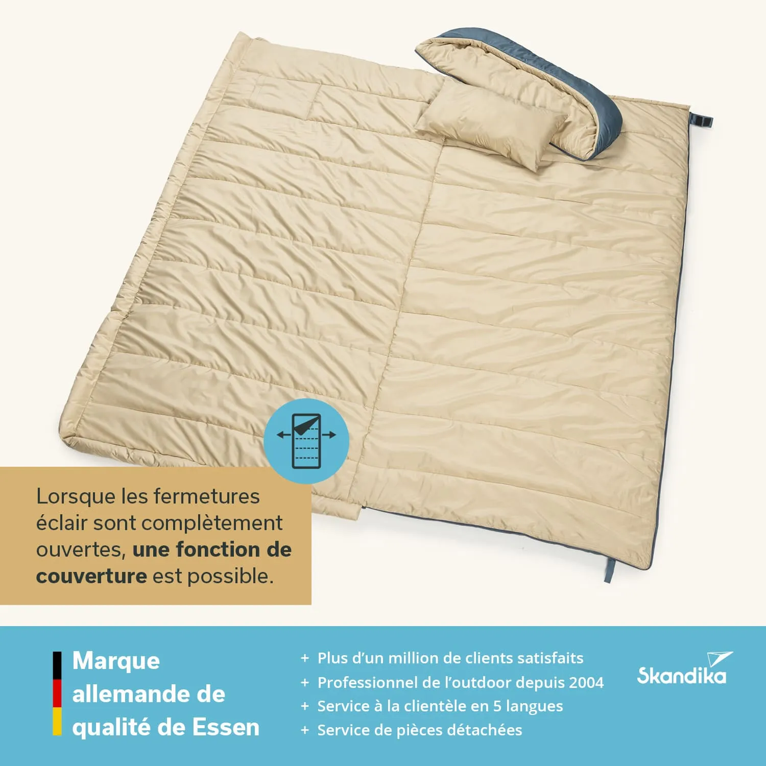 Beige Schlafsack mit Kissen auf hellem Hintergrund. Text über Funktion und Kundenservice am unteren Bildrand.