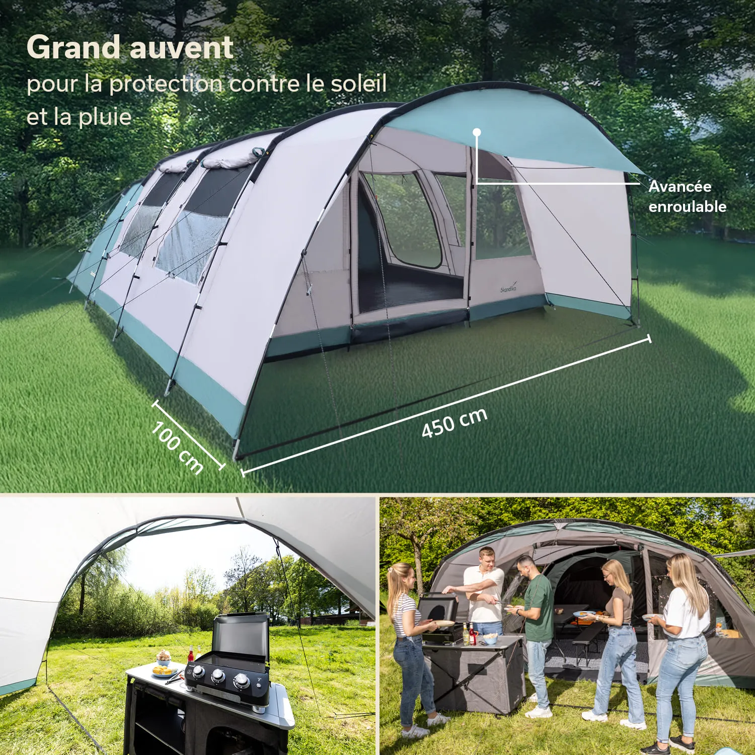 Großer, weißer und grüner Pavillon auf einer Rasenfläche, Maße angegeben. Im unteren Bereich Grillstation mit Personen und einem Zelt.