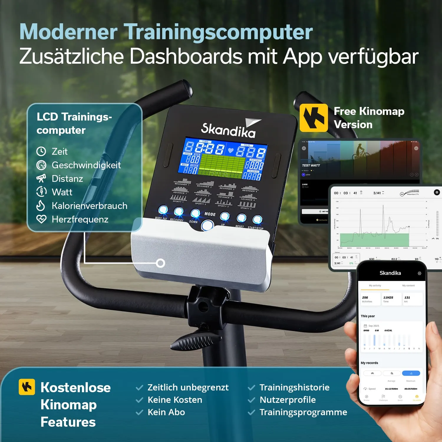 Fitnessgerät mit digitalem Display, Halterung für Tablets, integrierten Pulssensoren und Werbung für Trainingsprogramme.
