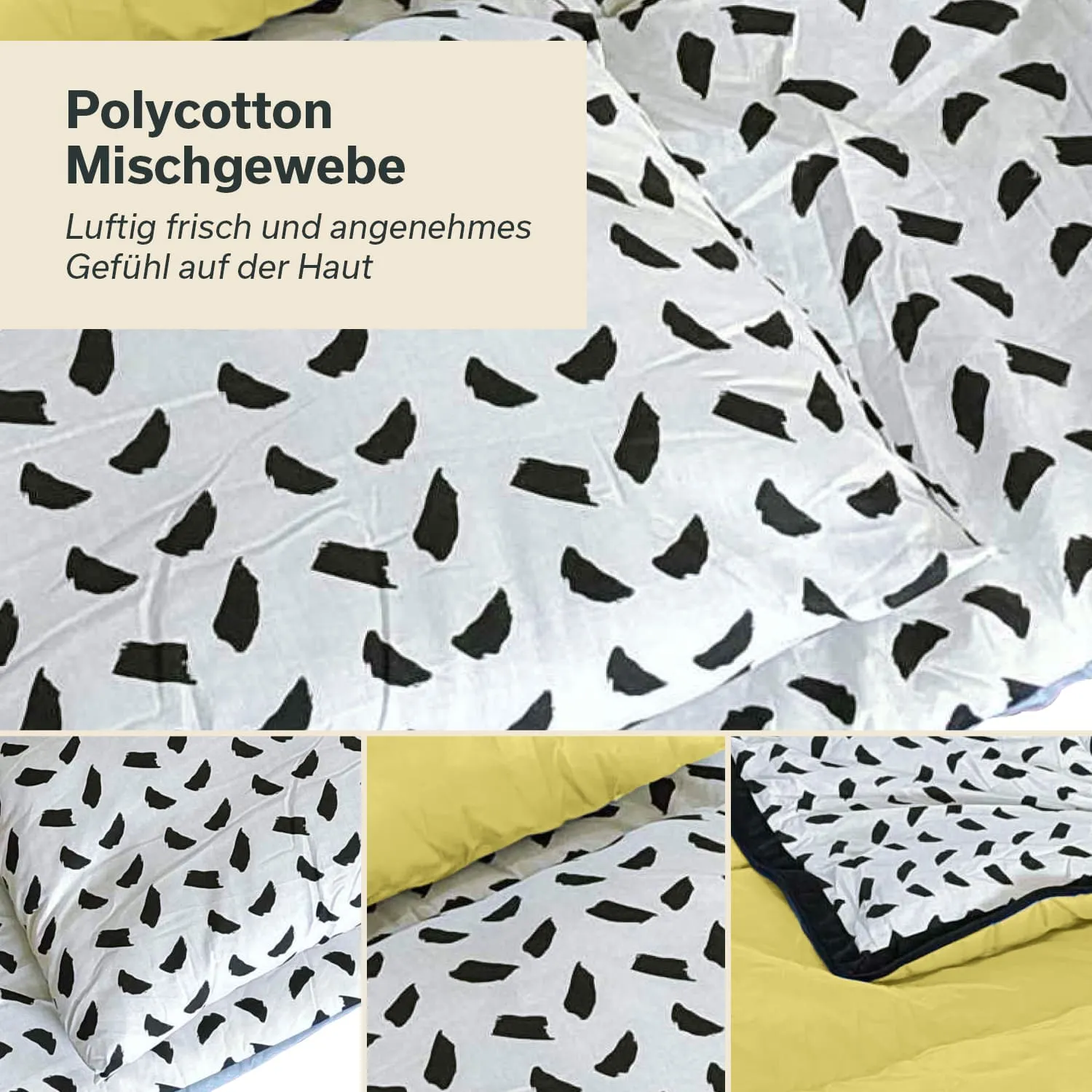 Bettwäsche aus Polycotton mit schwarzem Muster auf hellem Hintergrund. Decke und Kissen sichtbar, teilweise in gelb.