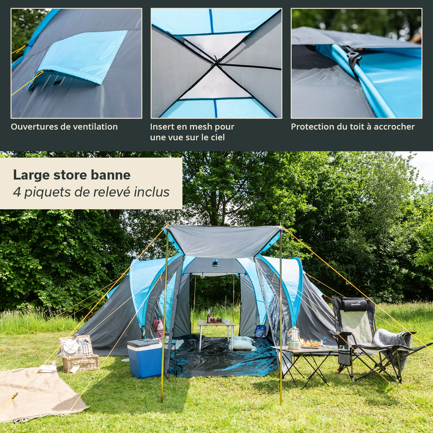 Großer, blauer und grauer Pavillon mit Fenstern, auf einer Wiese. Draußen befinden sich Stühle, ein Tisch und Kühlbox.