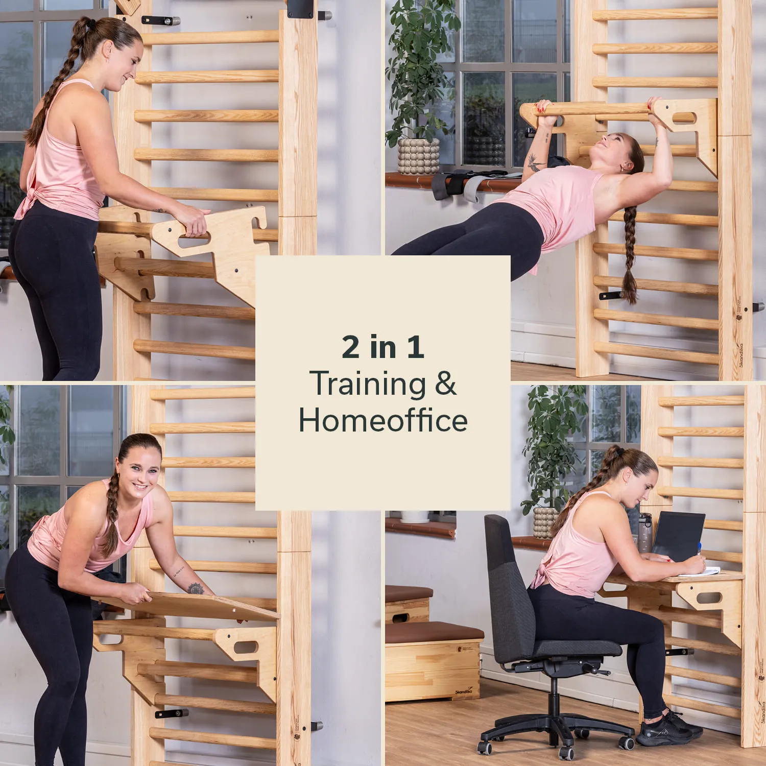 Vier Bilder zeigen eine Person, die an einem Multifunktionsgerät trainiert und am Schreibtisch arbeitet. Das Gerät hat eine Sprossenwand und eine umklappbare Tischplatte. Die Person trägt Sportkleidung und sitzt auf einem Bürostuhl.