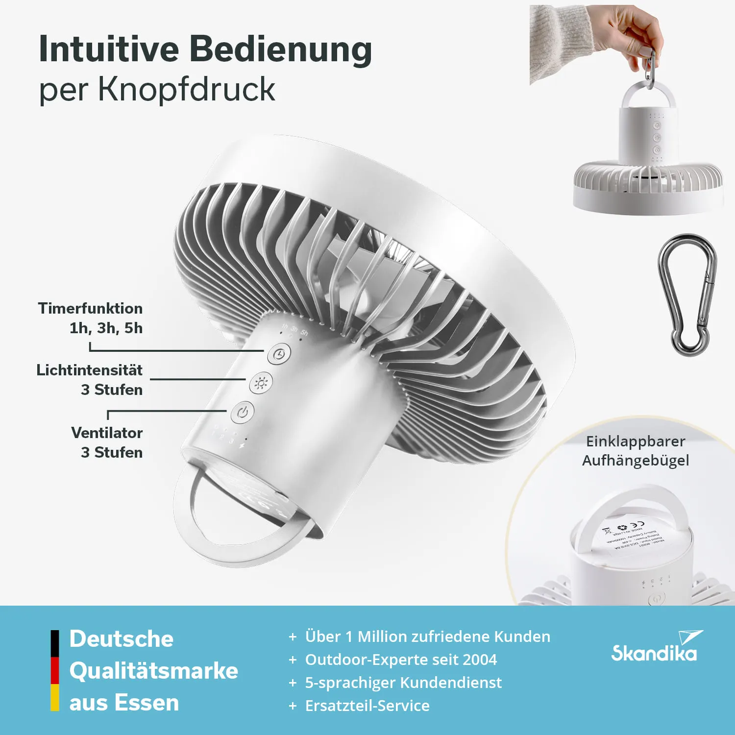 Tischventilator mit integrierter Lampe, Bedienfeld mit Timern, Lichtstufen und Ventilatorstufen. Aufhängemöglichkeit vorhanden.