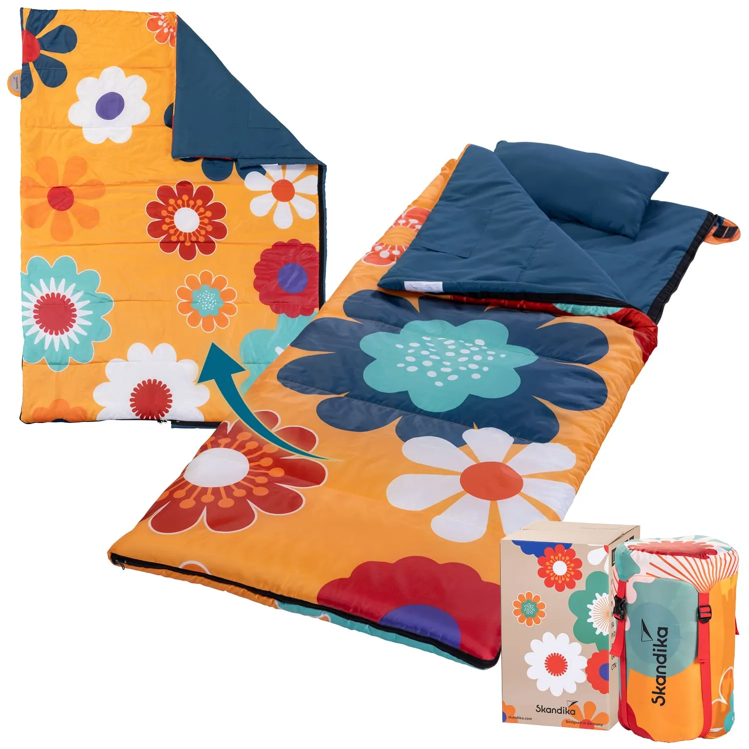 Bunte Schlafunterlage mit Blumenmuster, teal und orange, inklusive Kopfkissen und Transporttasche in passendem Design.