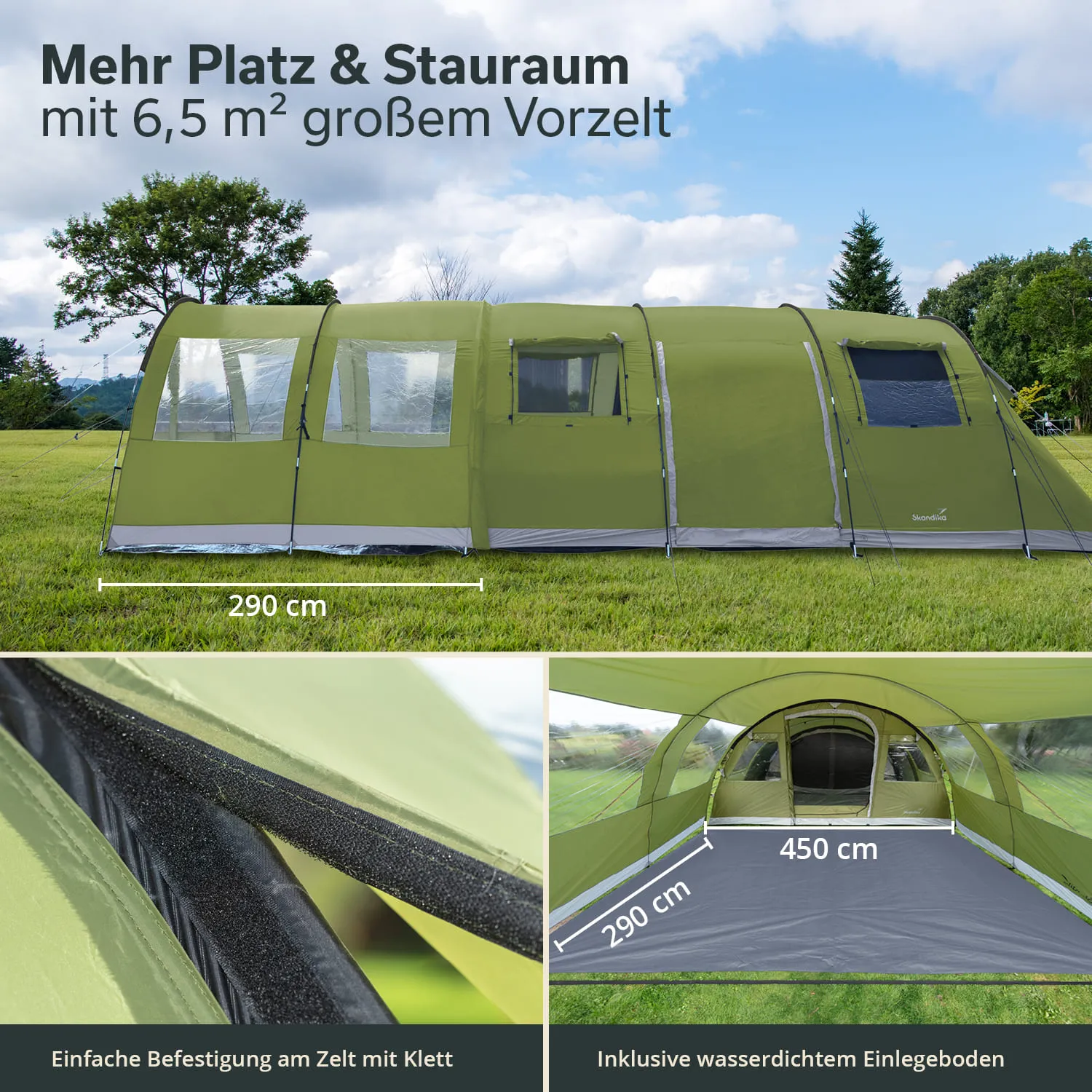 Grünes Zelt mit Vorzelt auf Wiese, Maße 290 cm und 450 cm. Detailansichten von Klettbefestigung und wasserdichtem Einlegeboden.