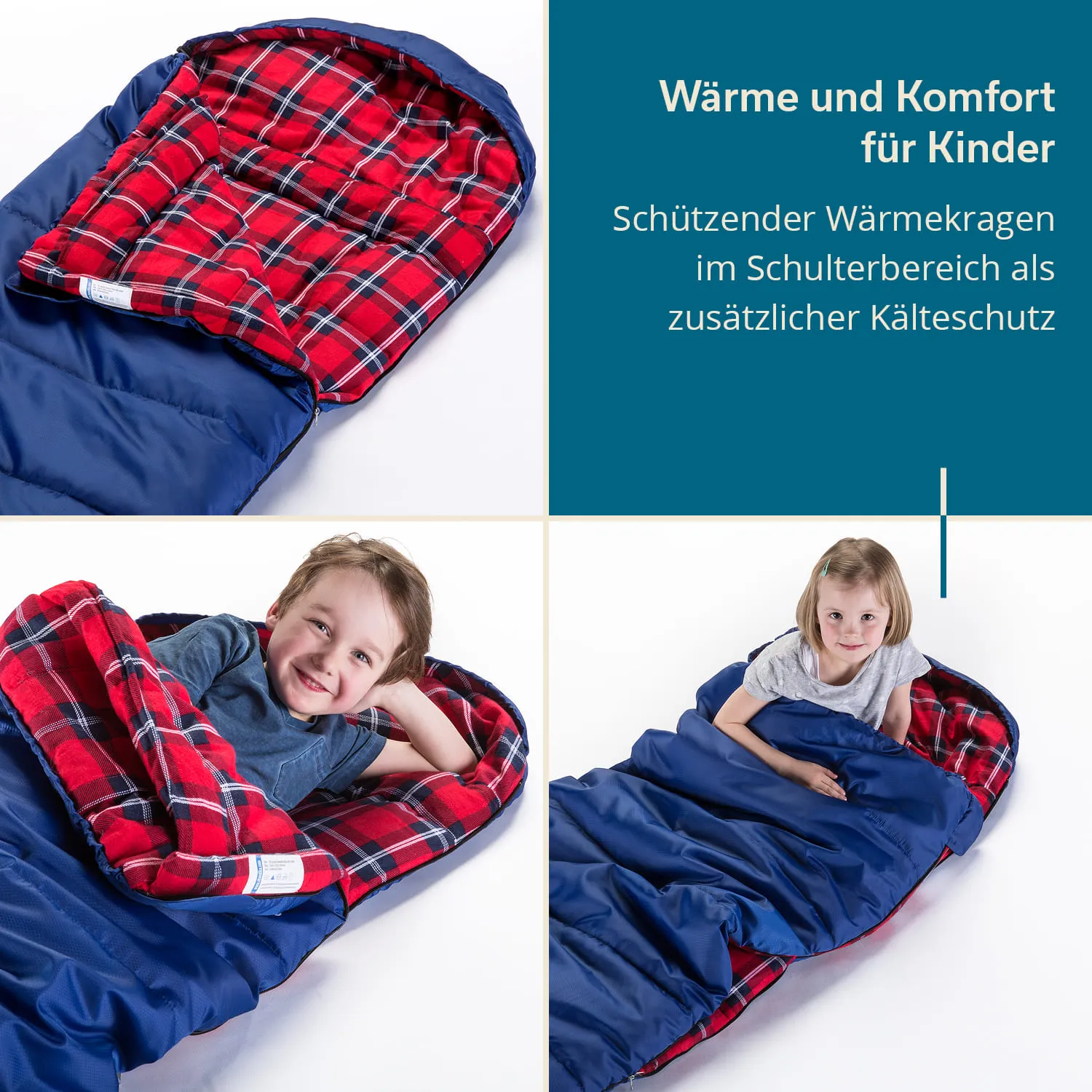 Schlafsack in Blau mit rot-oberem Karo-Innenfutter. Zwei Kinder liegen darin und lächeln.