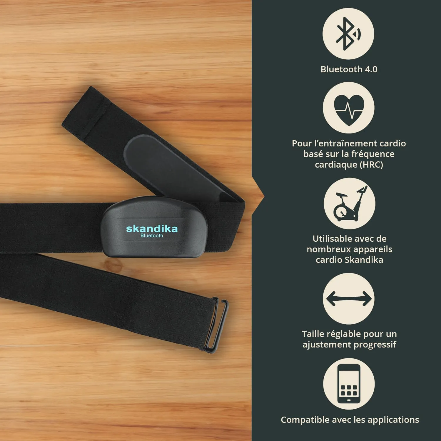 Schwarzer Herzfrequenzsensor mit elastischem Band auf Holzuntergrund. Textinformationen über Bluetooth und Nutzung.