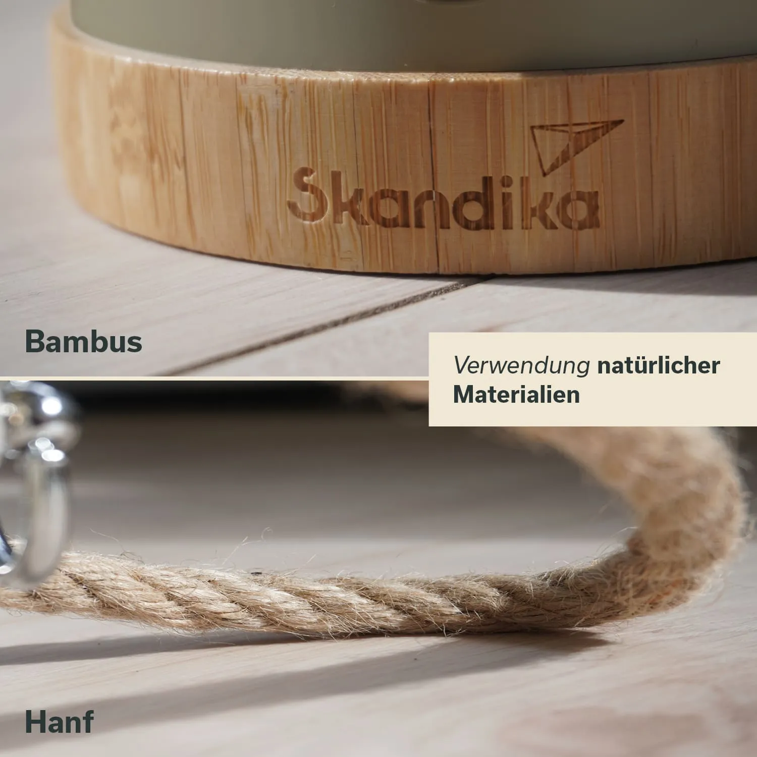 Bambusuntersetzer mit eingravierter Schrift und Hanfseil auf einem Holzuntergrund. Text über natürliche Materialien.