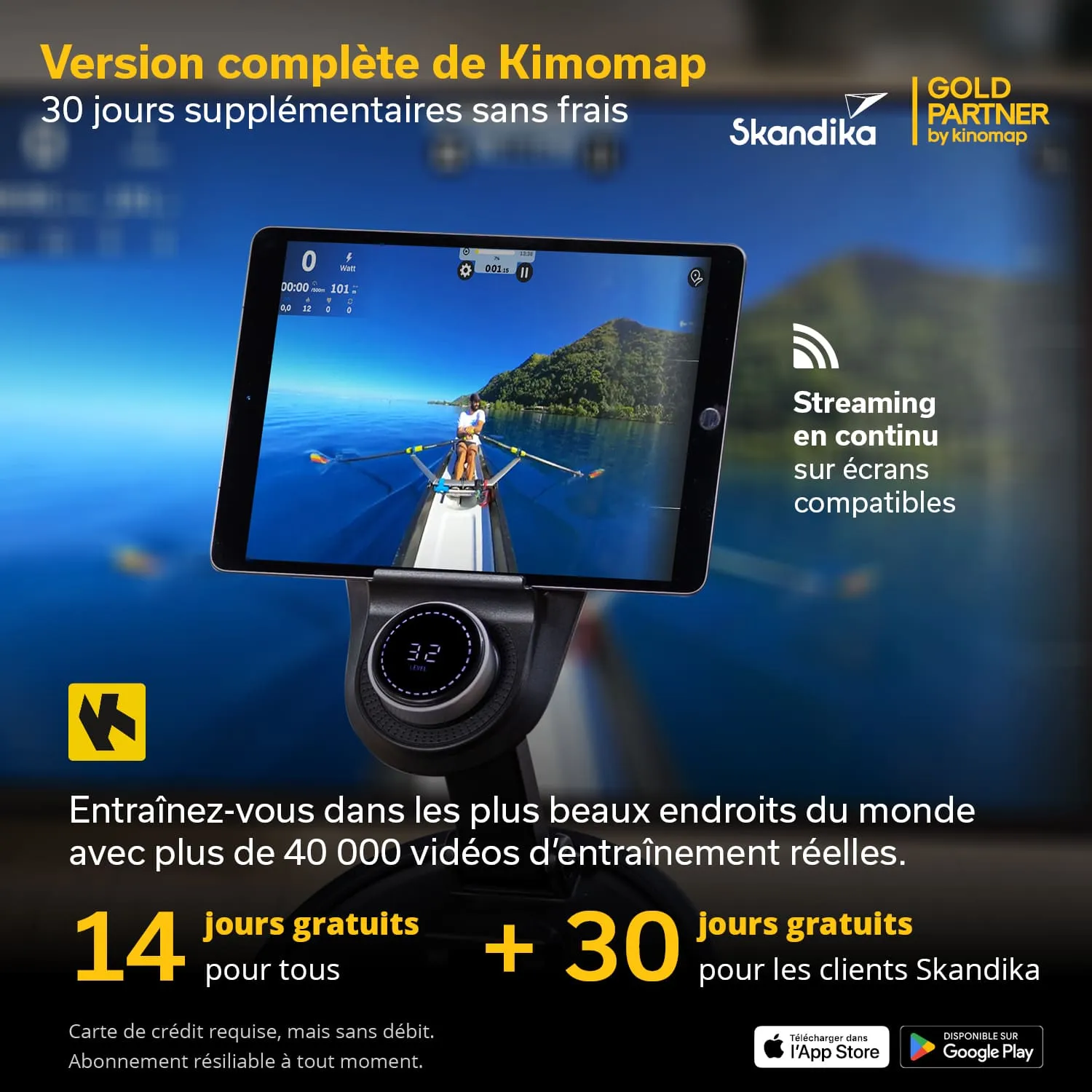 Tablet zeigt einen Ruderer auf einem Wasserweg. Textinformationen zu Kimomap-Angeboten und Trainingsvideos sind vorhanden.