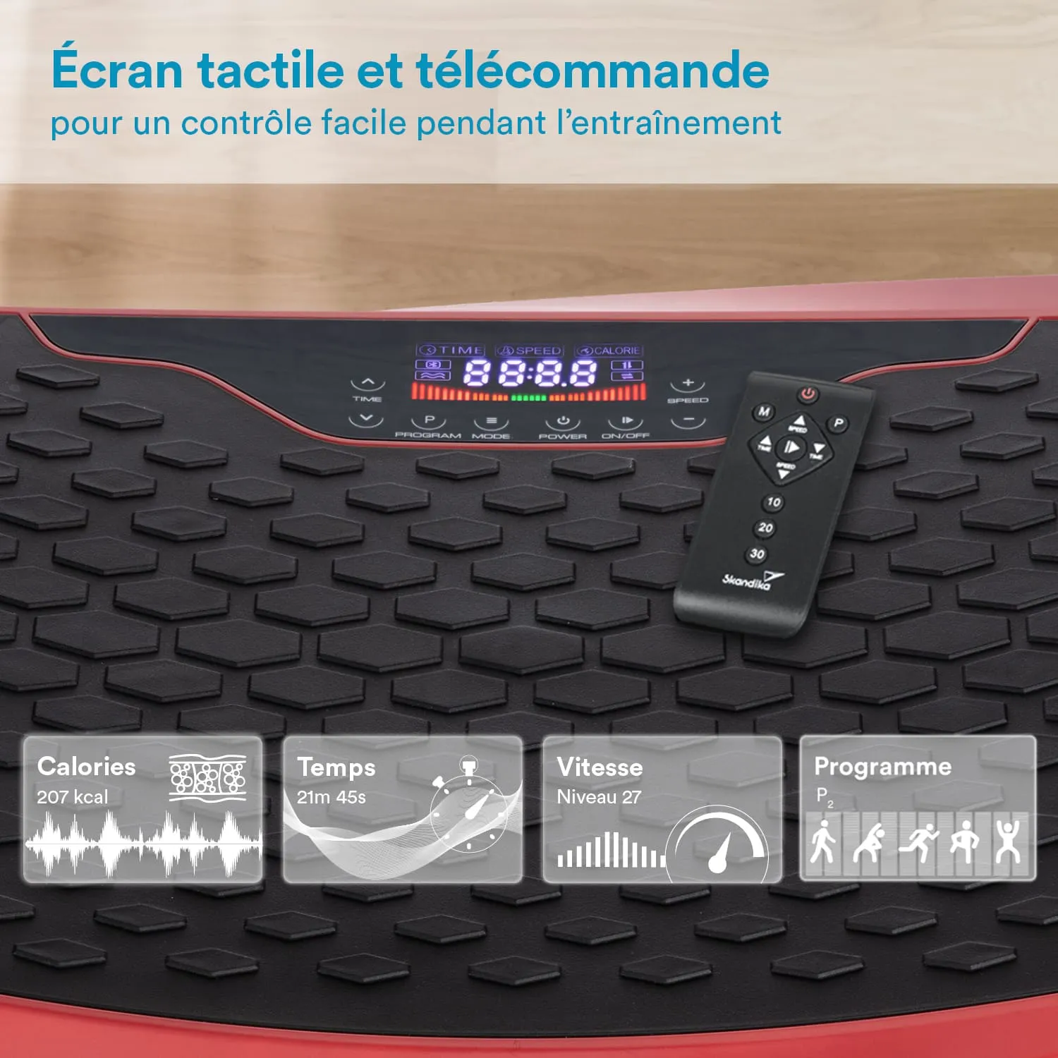Vibrationsplatte mit digitalem Bildschirm, der Kalorien, Zeit, Geschwindigkeit und Programm anzeigt. Fernbedienung liegt daneben.