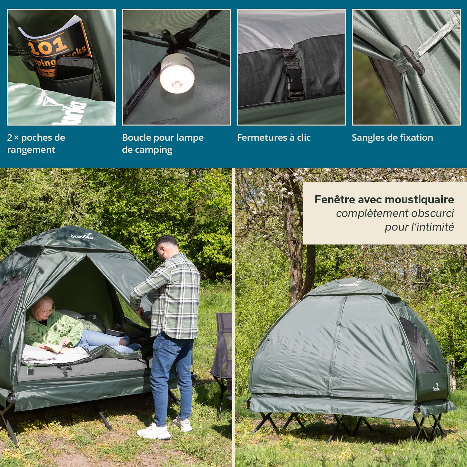 Campingzelt mit zwei Taschen, Lampe, Schnallen und Moskitonetz. Eine Person bereitet das Zelt vor, während eine andere sitzt.
