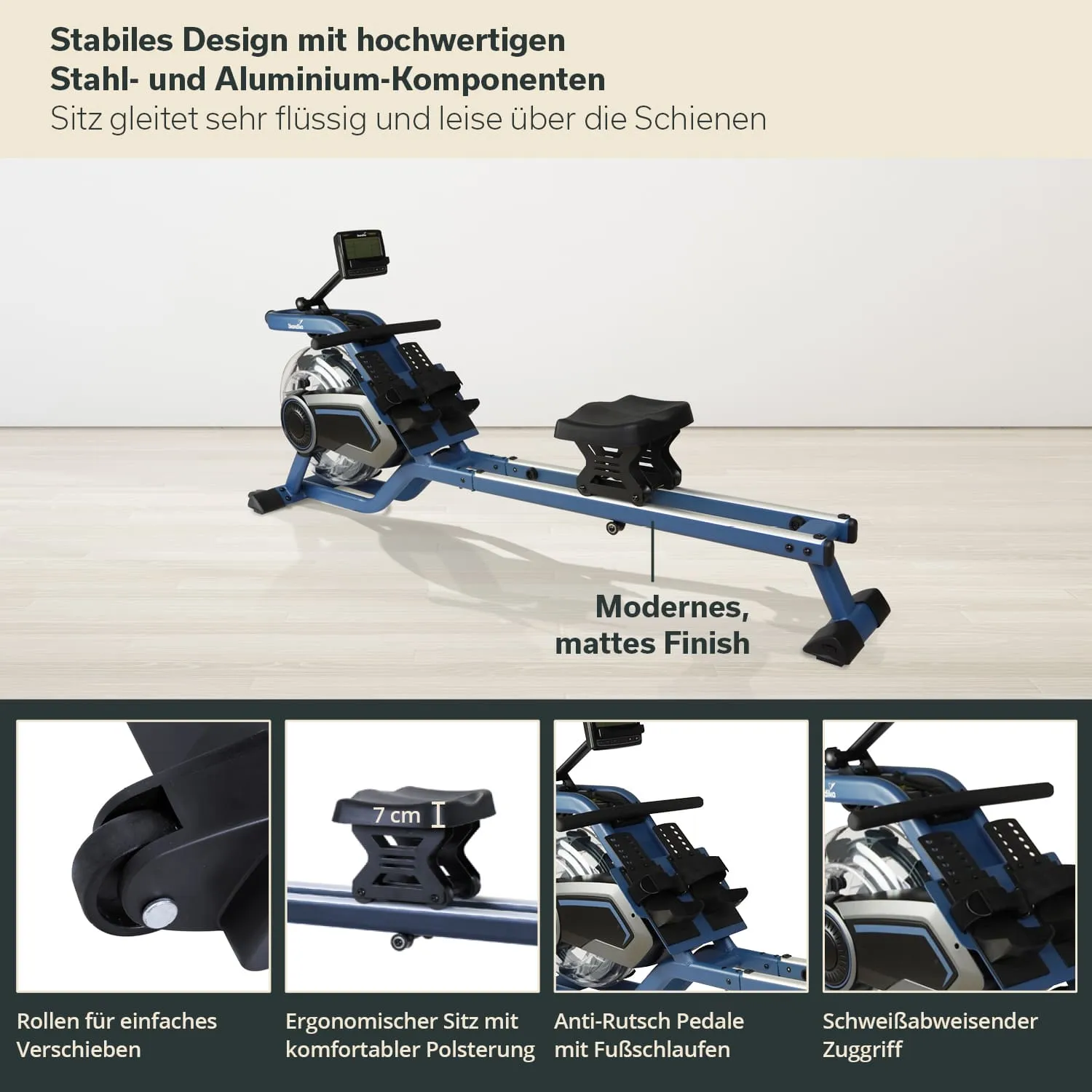 Rudergerät mit stabiler Stahl- und Aluminiumkonstruktion, ergonomischem Sitz, Rollensystem und modernen Details.