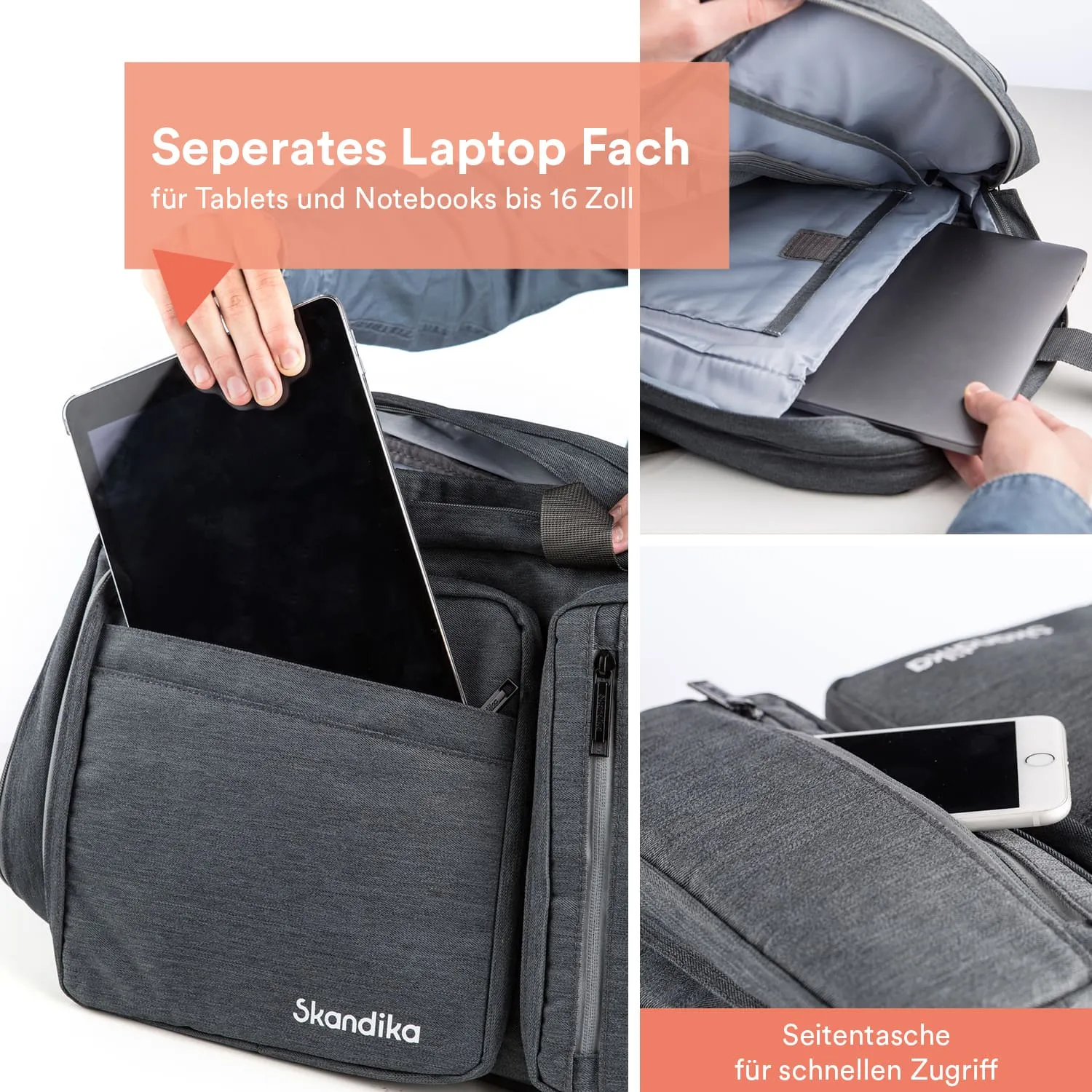 Graue Laptop- oder Tablet-Tasche mit verschiedenen Fächern. Ein Tablet wird aus der vorderen Tasche herausgenommen. Eine seitliche Tasche zeigt ein Smartphone.