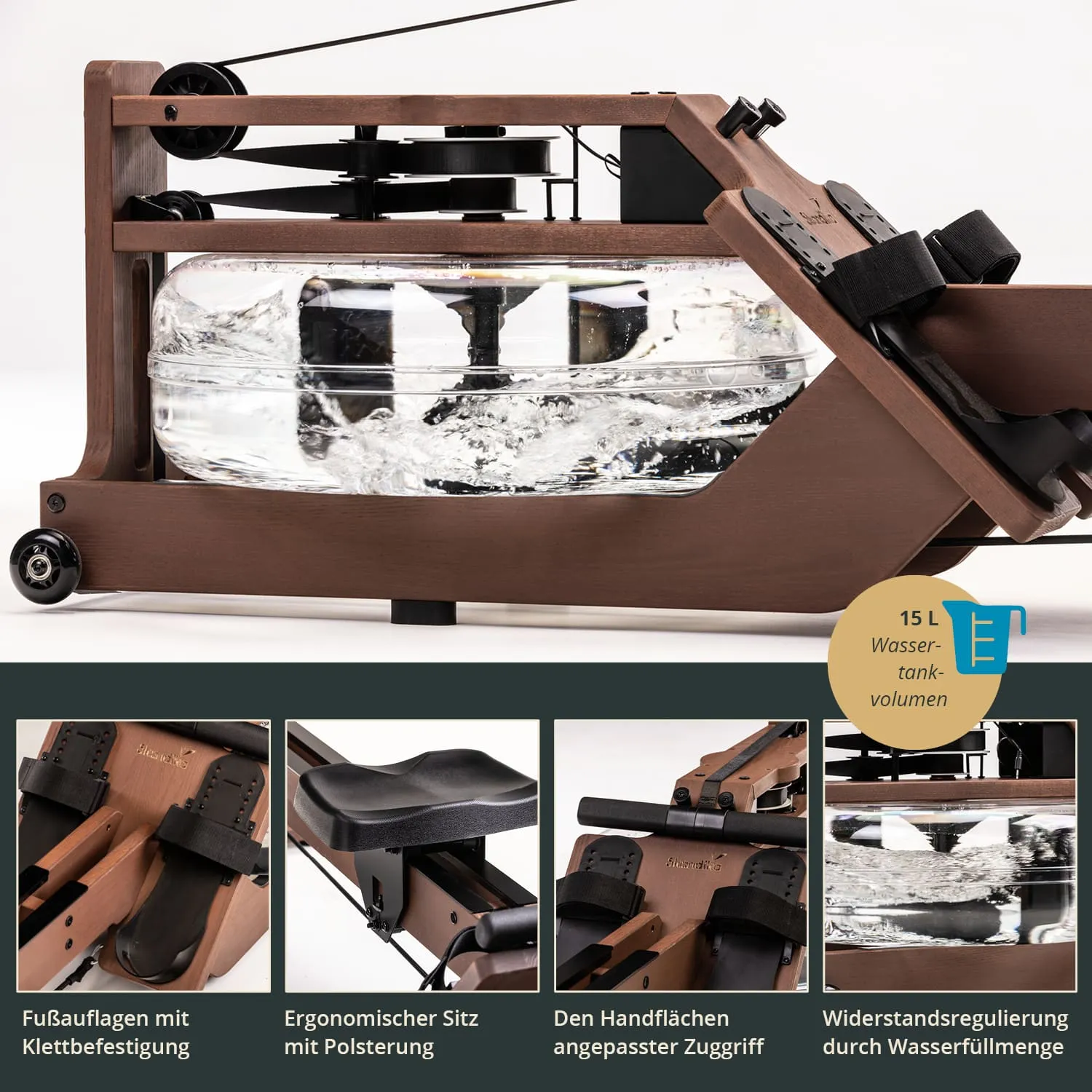 Rudergerät aus Holz mit Wassertank, sichtbar mit Wasser und einem ergonomischen Sitz. Zubehörteile sind abgebildet.
