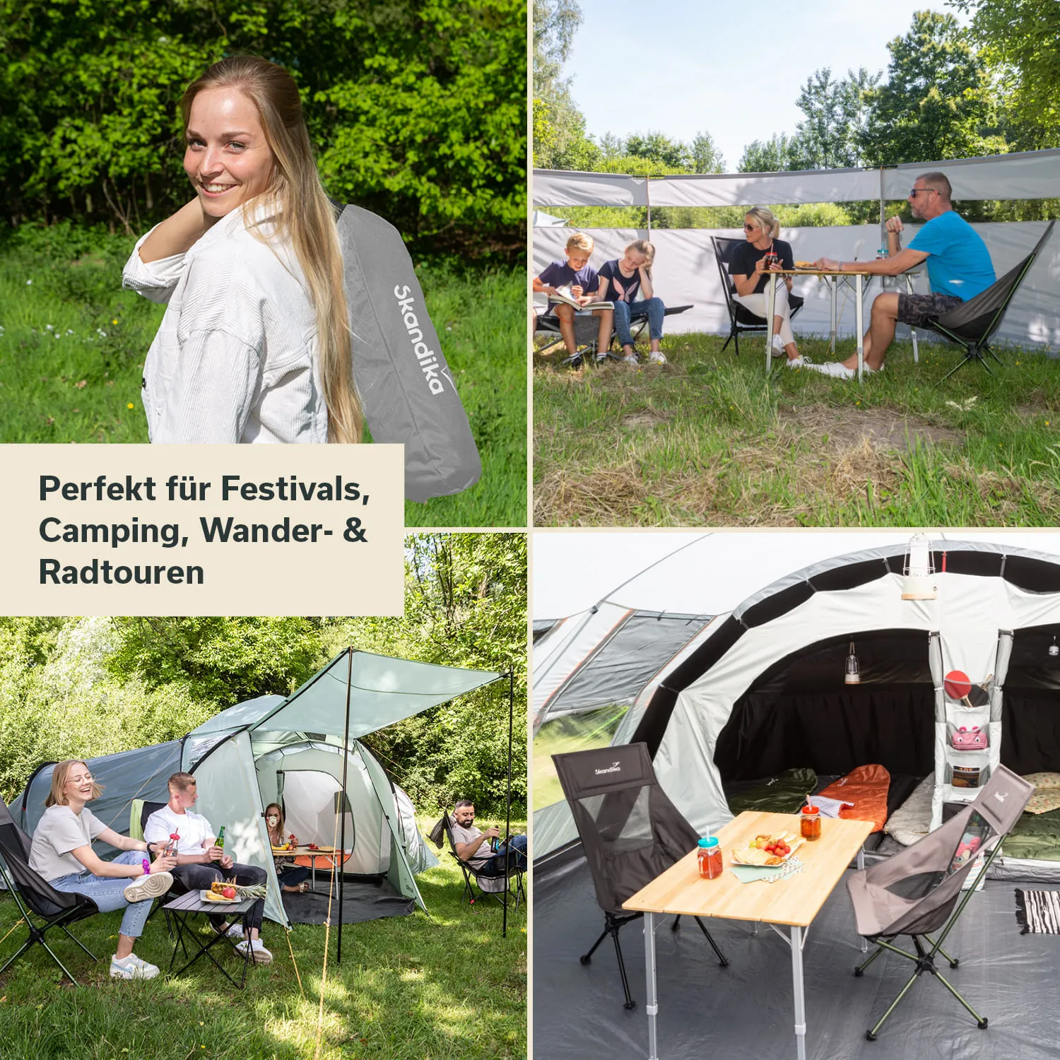 Eine Person mit Rucksack lächelt in der Natur. Camping-Szenen mit Gruppen und Zelten. Tische und Stühle sind sichtbar.