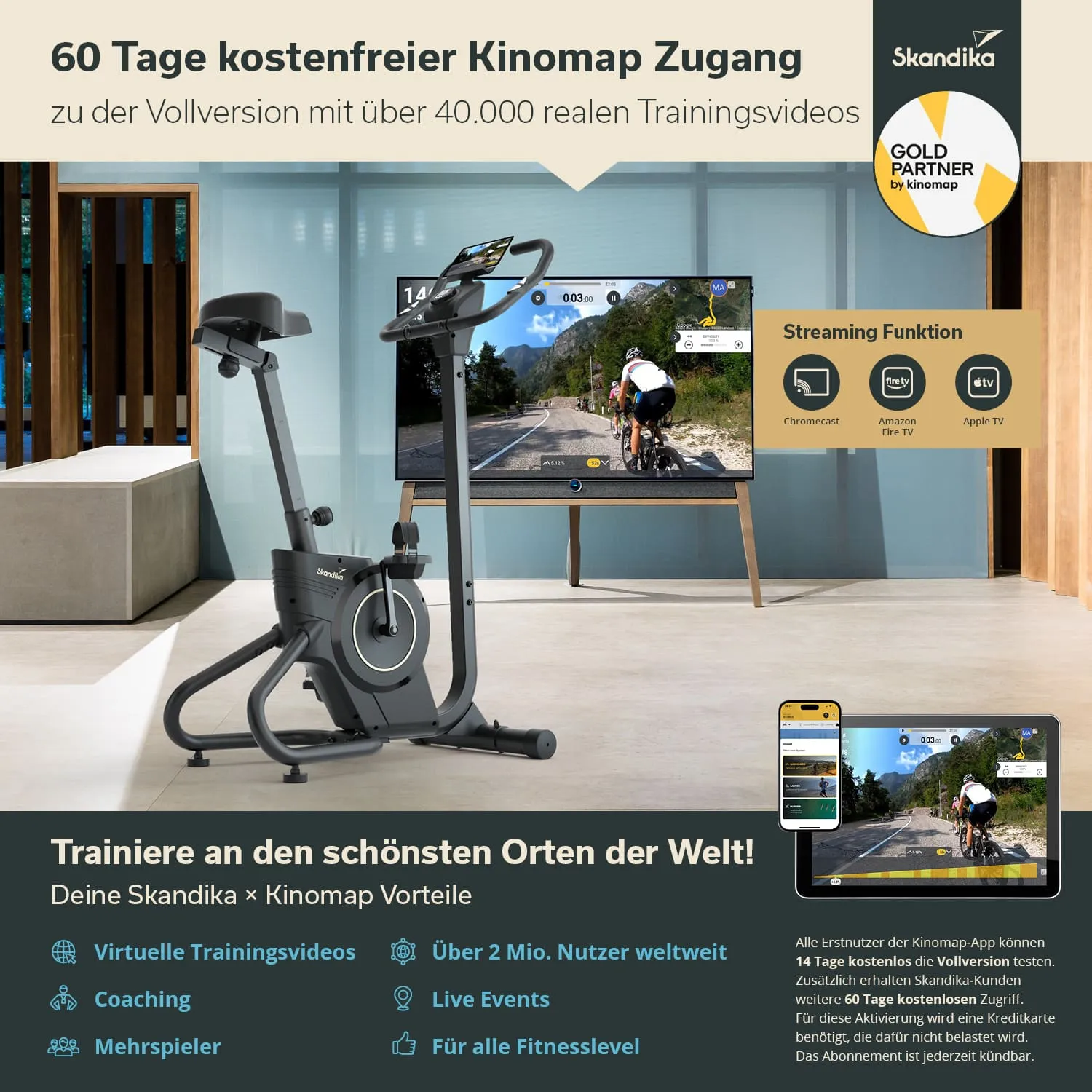 Fitnessgerät in einem modernen Raum, vor einem großen Bildschirm. Informationen über Kinomap-Zugang und Vorteile sind sichtbar.