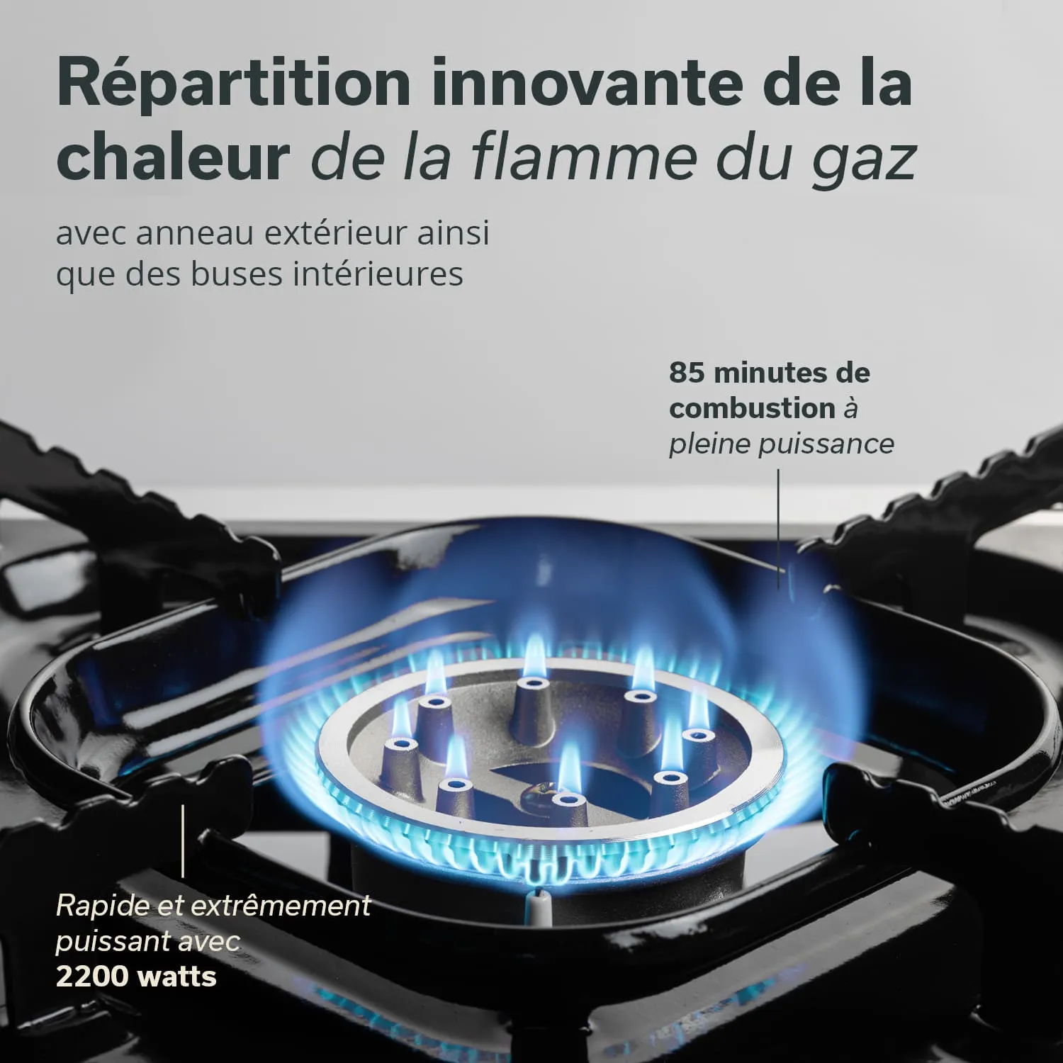 Kochfeld mit einem Gasbrenner, der blaue Flammen erzeugt. Text beschreibt innovative Wärmeverteilung und technische Spezifikationen.