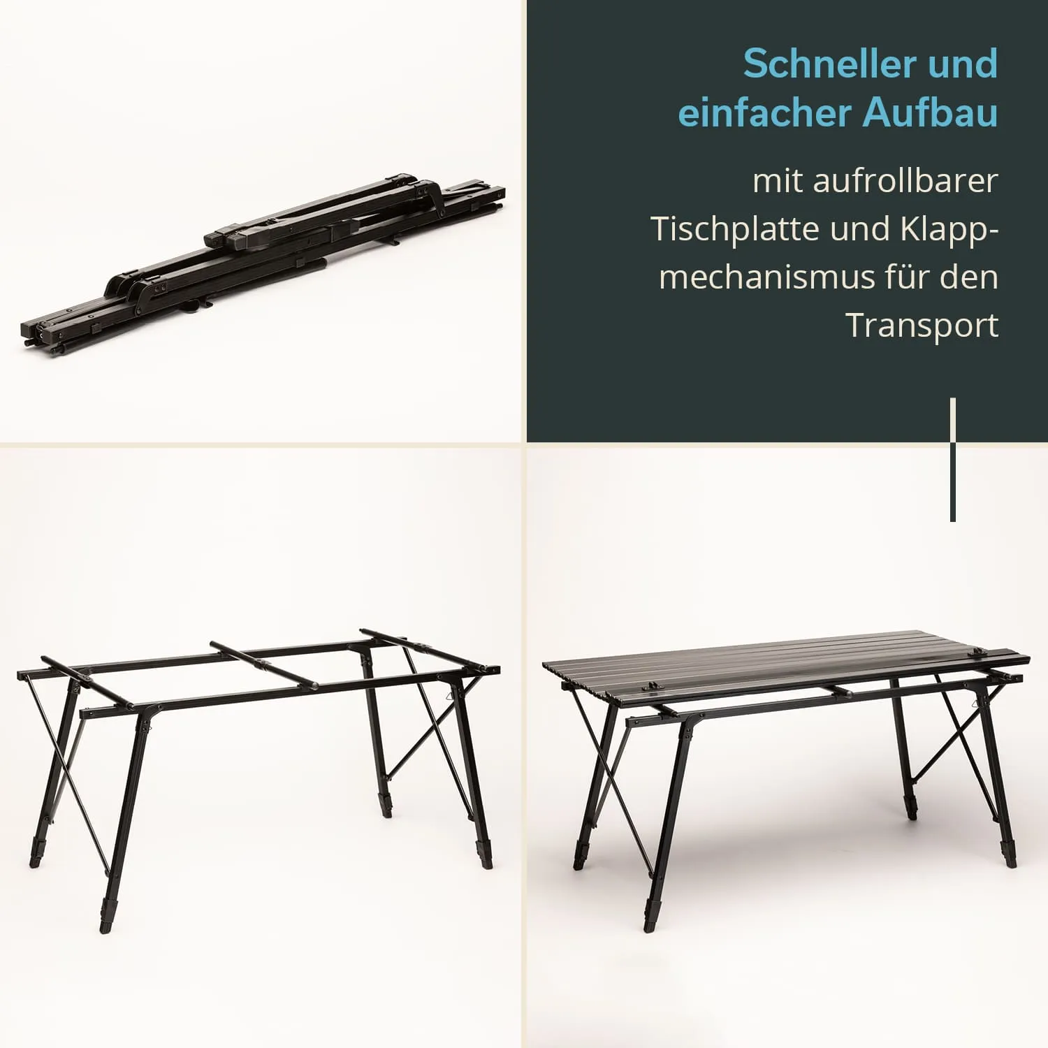 Faltbarer Tisch in drei Zuständen: zusammengeklappt, im Aufbau und aufgebaut. Tischplatte aus Aluminium, schwarz.