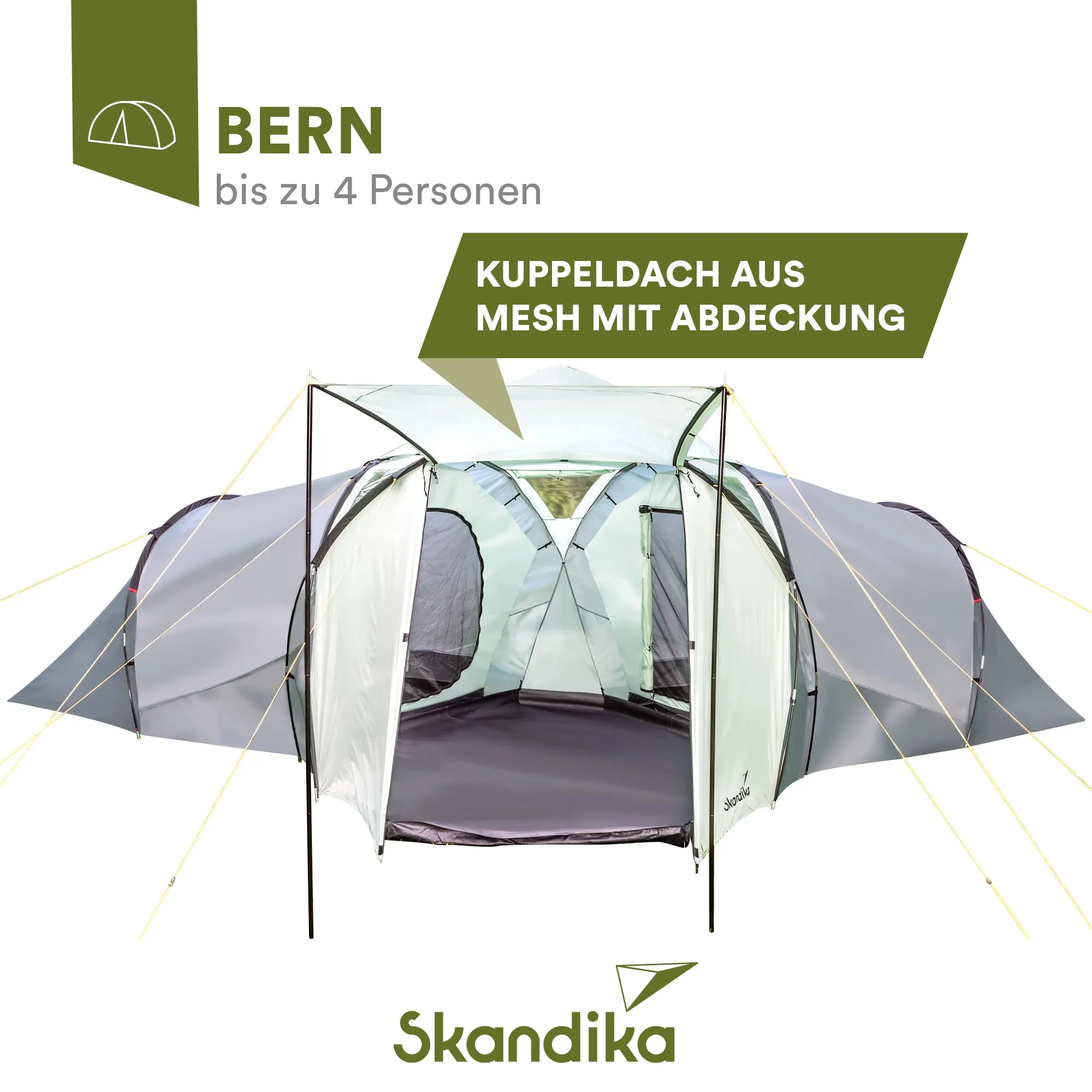Zelt mit Kuppeldach, Platz für bis zu 4 Personen, transparente Mesh-Einsätze und Abdeckung, Marke Skandika.