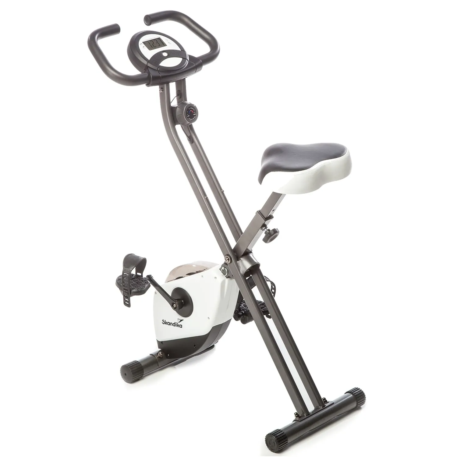 Faltbarer Fitness-Bike mit verstellbarem Sitz, Lenker und Display für Trainingsdaten. Rahmen in Schwarz und Weiß.