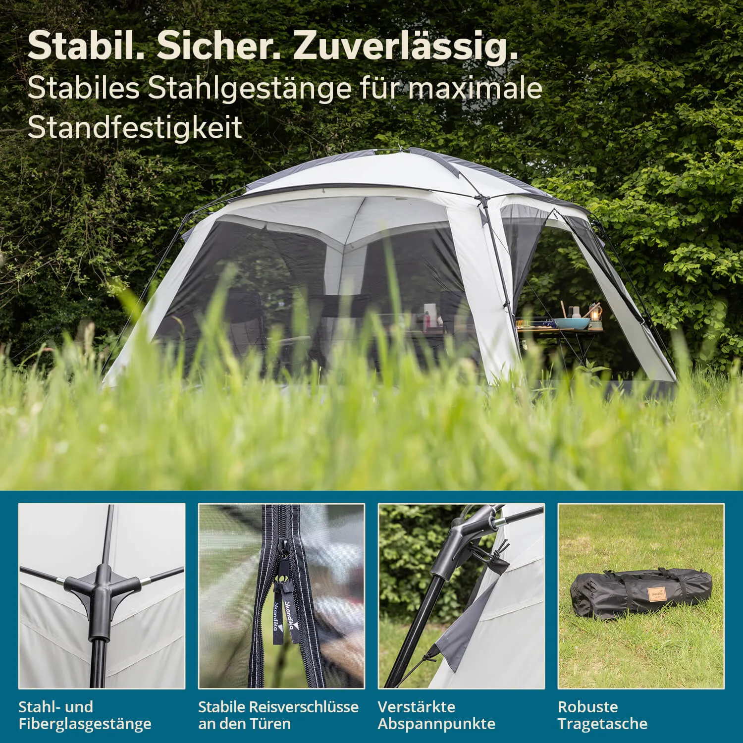Zelt im Freien mit Stahlt- und Fiberglastgestängen. Hintergrund mit Bäumen und Wiese. Textinformationen über Stabilität und Features.