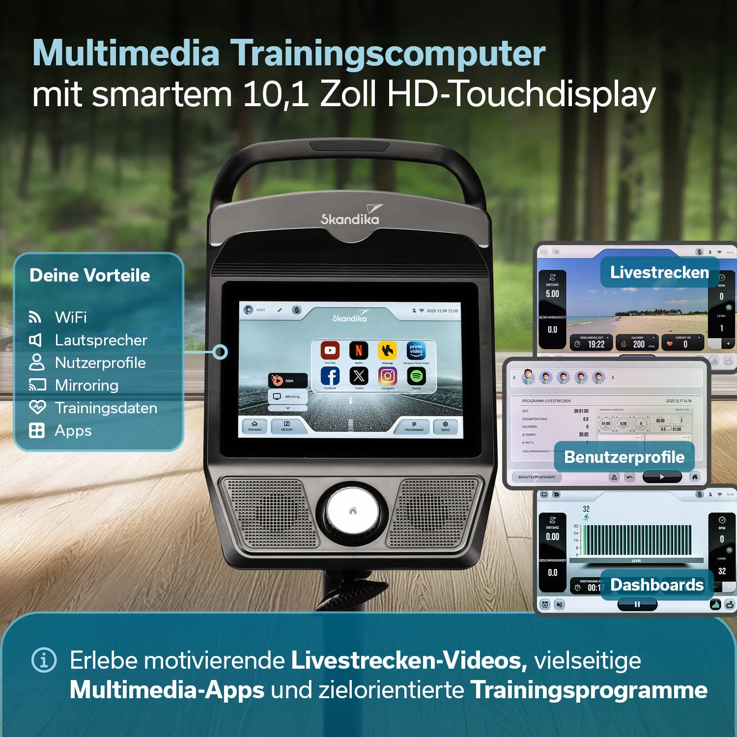 Multimedia-Trainingscomputer mit 10,1 Zoll HD-Touchdisplay, Funktionen wie WiFi, Lautsprecher, Nutzerprofile und Apps.