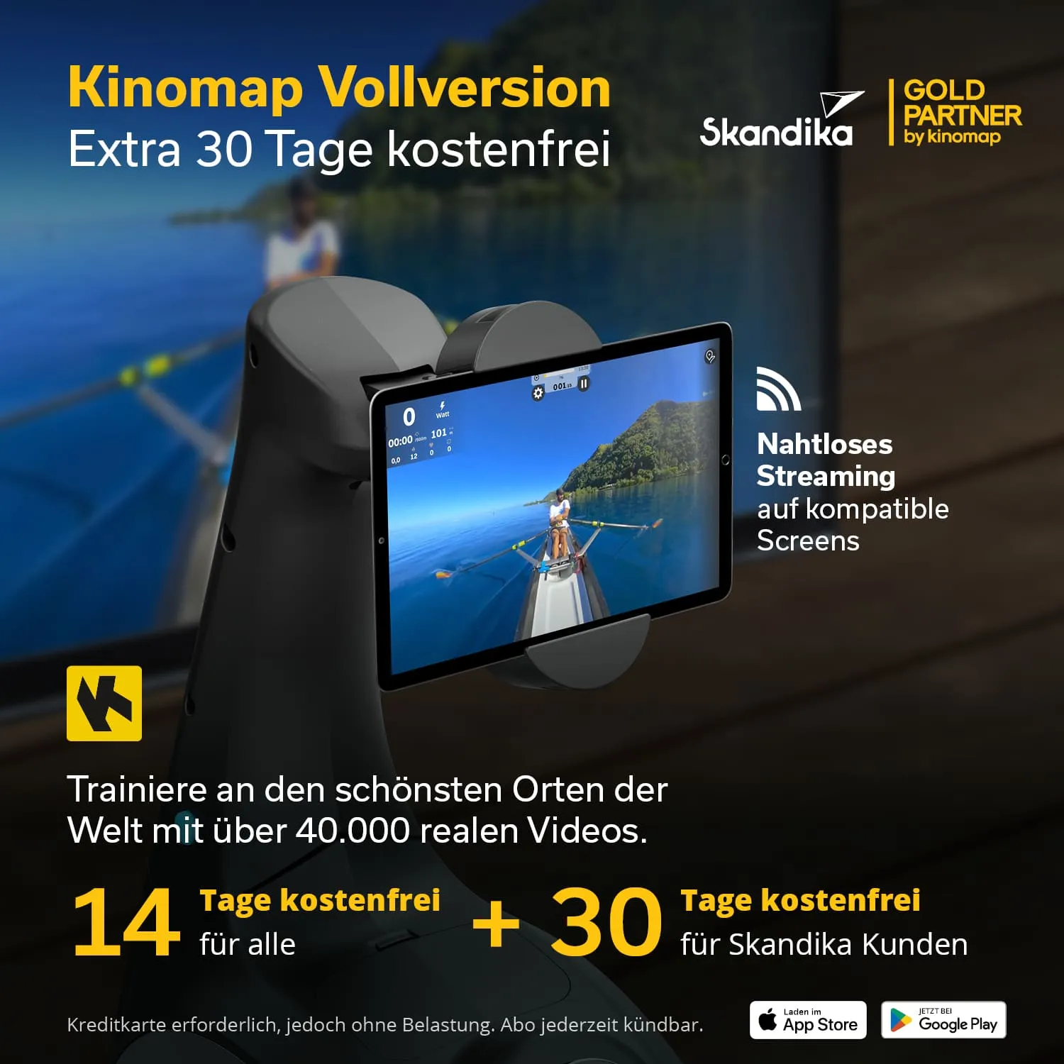 Anzeige für Kinomap mit einem Tablet, das eine Ruderboot-Szene zeigt, und Text über die kostenlose Testversion.