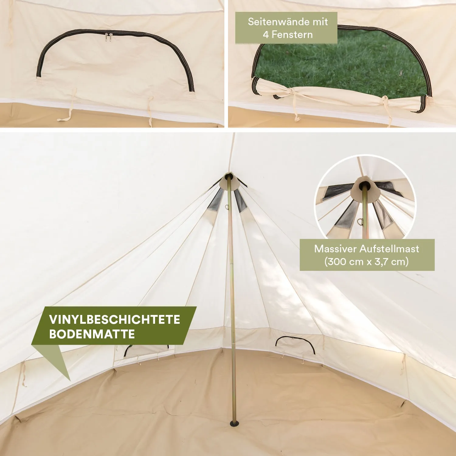 Innenseite eines Zeltes mit weißem Dach und beige Bodenmatte. Abgebildet sind Fenster, ein Aufstellmast und Details zur Ausstattung.