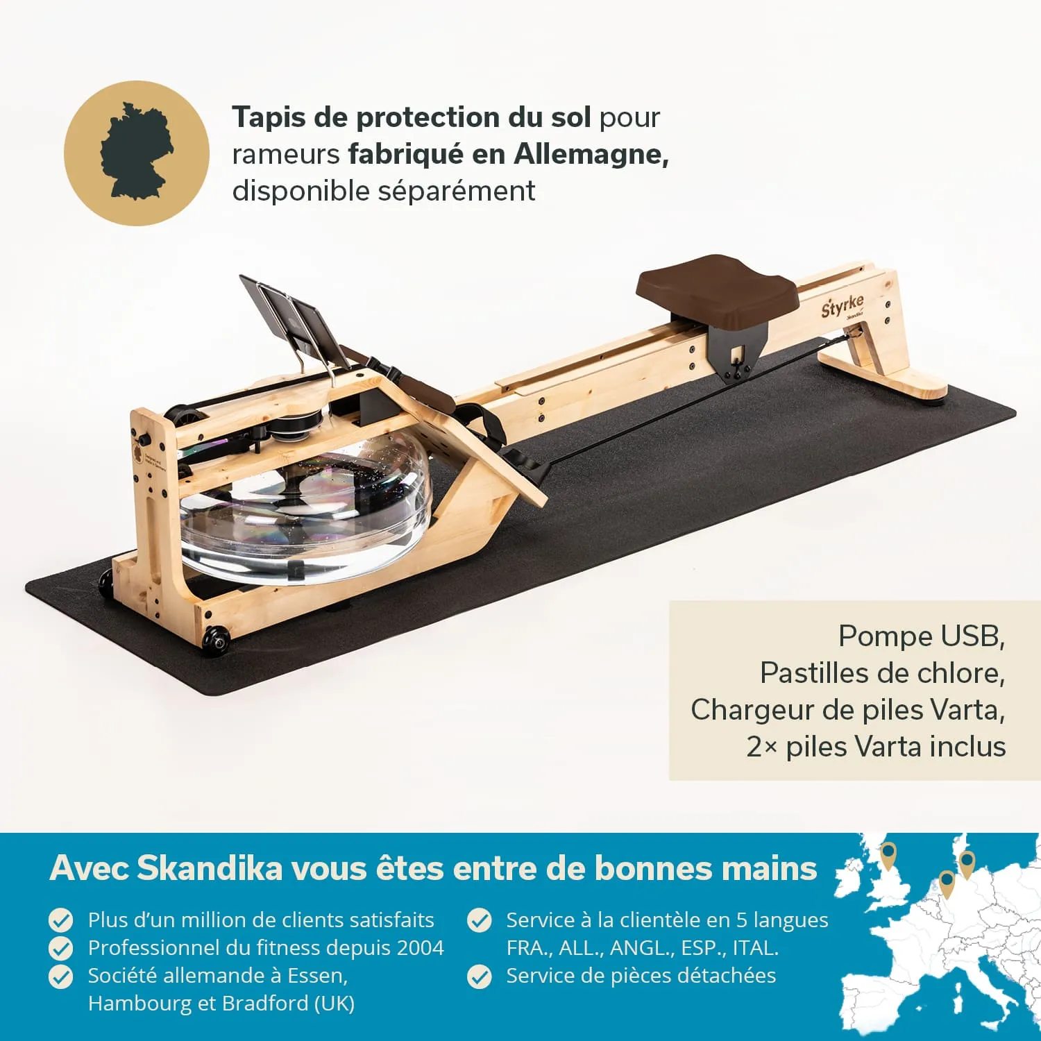Holz-Rudergerät auf einem schwarzen Bodenschutzmatte. Informationen zu Zubehör und Hersteller sind seitlich aufgelistet.