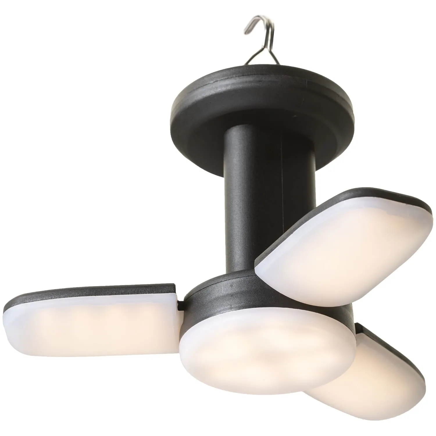 Deckenleuchte mit schwarzem Gehäuse und drei weißen, runden Lichtpaneelen, die nach außen stehen.
