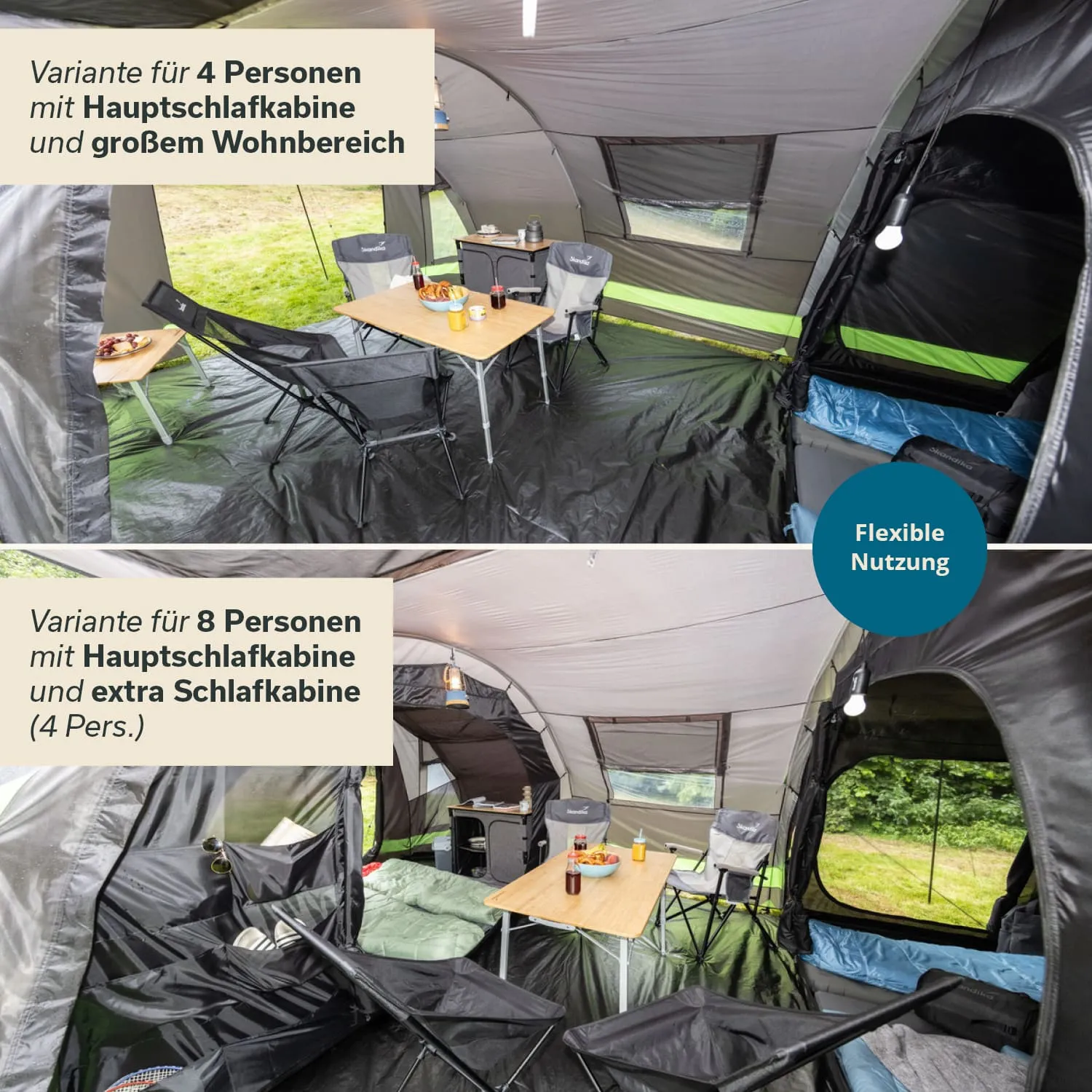 Zeltinnenansicht mit zwei Varianten: Oben für 4 Personen, mit Tisch und Stühlen. Unten für 8 Personen, zusätzliche Schlafkabine.